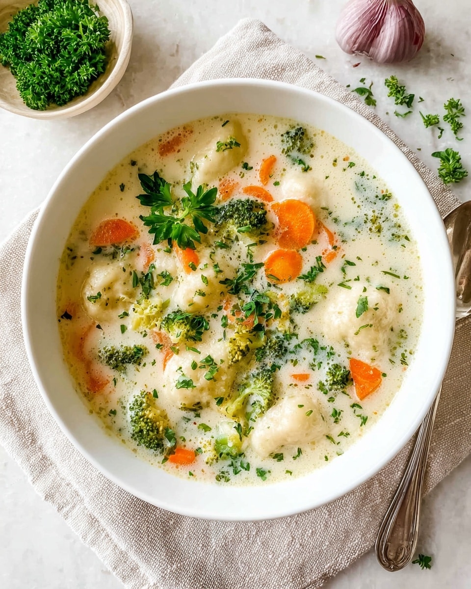 A white bowl filled with creamy white soup that has small white dumplings floating on top. The soup contains bright orange carrot slices, green broccoli pieces, and finely chopped green herbs spread throughout. The bowl is placed on a beige cloth on a white marbled surface. Nearby, there is a silver spoon with an intricate design and a small jar of golden olive oil next to a whole garlic bulb. In the background, a white bowl with fresh green parsley is visible. The photo taken with an iphone --ar 4:5 --v 7