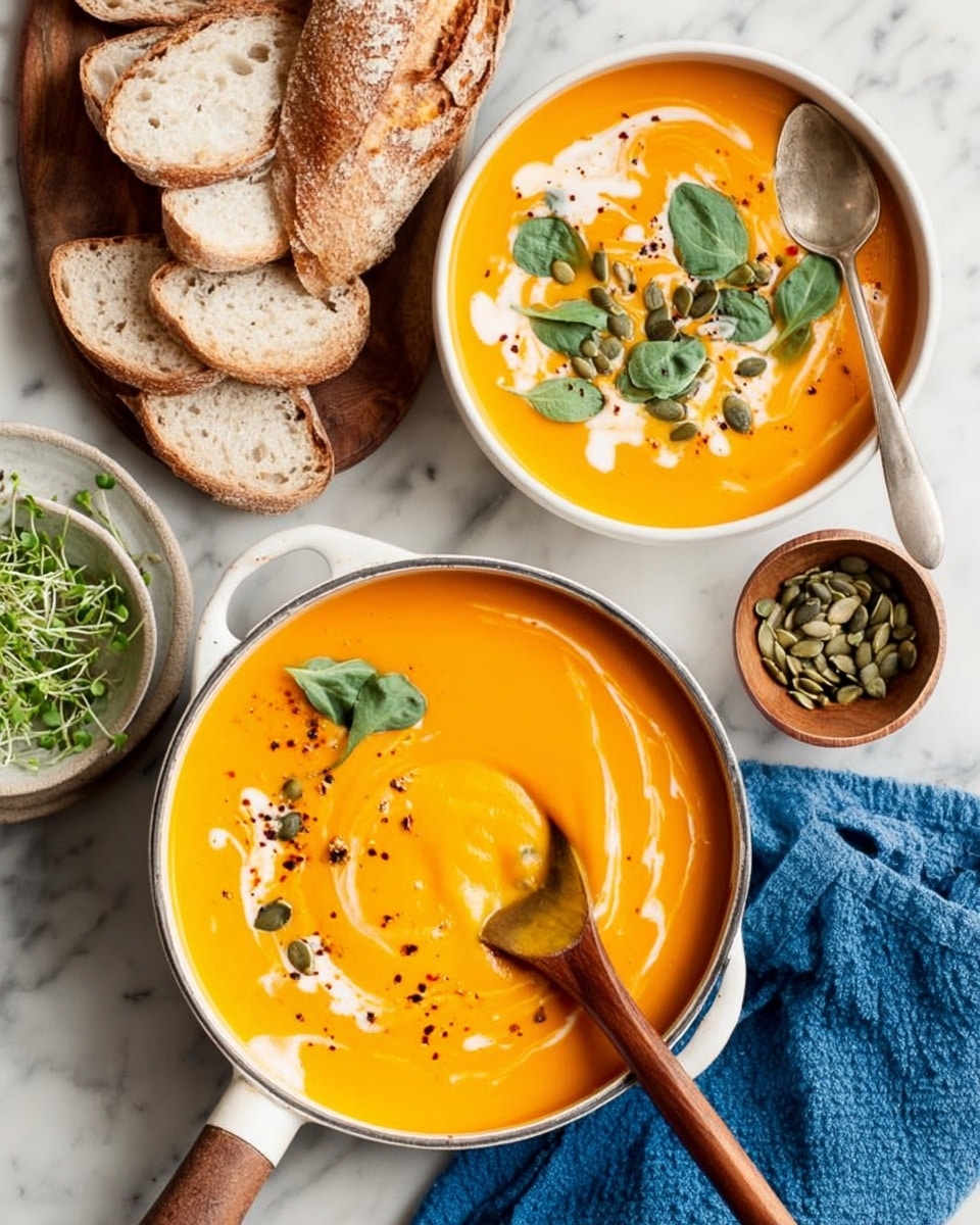 The image shows a bowl of bright orange soup with a smooth creamy texture. The soup has white cream swirled on top and is sprinkled with black pepper flakes and green pumpkin seeds. In the bowl, a wooden spoon is scooping up some soup. Next to it is a white bowl filled with the same soup, decorated similarly with cream swirls, black pepper, pumpkin seeds, and three green leaves on top. Surrounding the bowls are slices of rustic bread on a blue cloth, a small white bowl with more pumpkin seeds, and a small wooden bowl with green microgreens. All of this is placed on a white marbled surface photo taken with an iphone --ar 4:5 --v 7