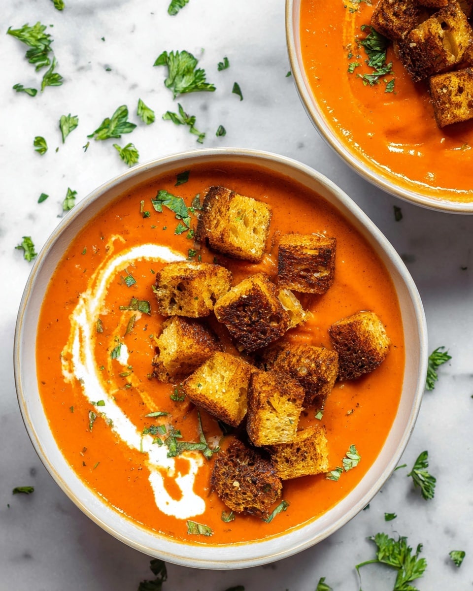 This image shows a white bowl filled with smooth, bright orange soup with a creamy swirl of white yogurt on one side. On top of the soup, there are many golden brown, toasted cube-shaped croutons, some with darker char marks, mostly piled on one side. Small green parsley pieces are sprinkled over the soup and croutons. The bowl sits on a white marbled surface with scattered parsley leaves around it. Another similar bowl is partially visible at the top right corner. Photo taken with an iphone --ar 4:5 --v 7