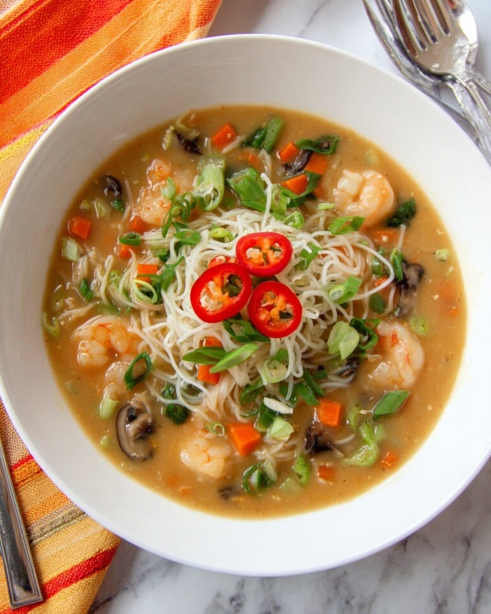 A white deep bowl filled with a creamy light orange broth holding thin white noodles that spread through the soup, mixed with pieces of green leafy vegetables and orange carrot cubes. Large white shrimp with a slight pink tint rest on top, accompanied by sliced gray mushrooms and sprinkled green onion rings. Three bright red chili rings sit on the shrimp at the center, adding a pop of color. The bowl is set on a white marbled surface. Photo taken with an iphone --ar 4:5 --v 7