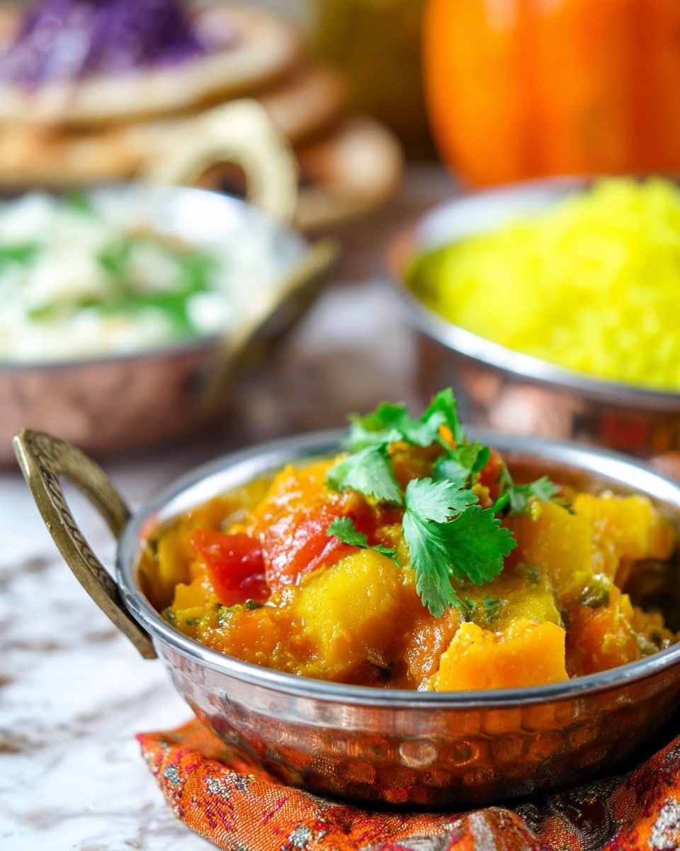 The image shows a small silver bowl filled with a colorful vegetable curry. The curry has visible layers of bright yellow chunks, likely squash or pumpkin, mixed with orange and red pieces, possibly peppers or carrots, all coated in a slightly thick sauce. A fresh green cilantro leaf rests on top as a garnish. The bowl sits on an orange and white patterned cloth on a white marbled surface. In the background, there are blurred elements including a white bowl with a creamy light green dip and another silver bowl with yellow rice and a lemon wedge on top. Photo taken with an iphone --ar 4:5 --v 7