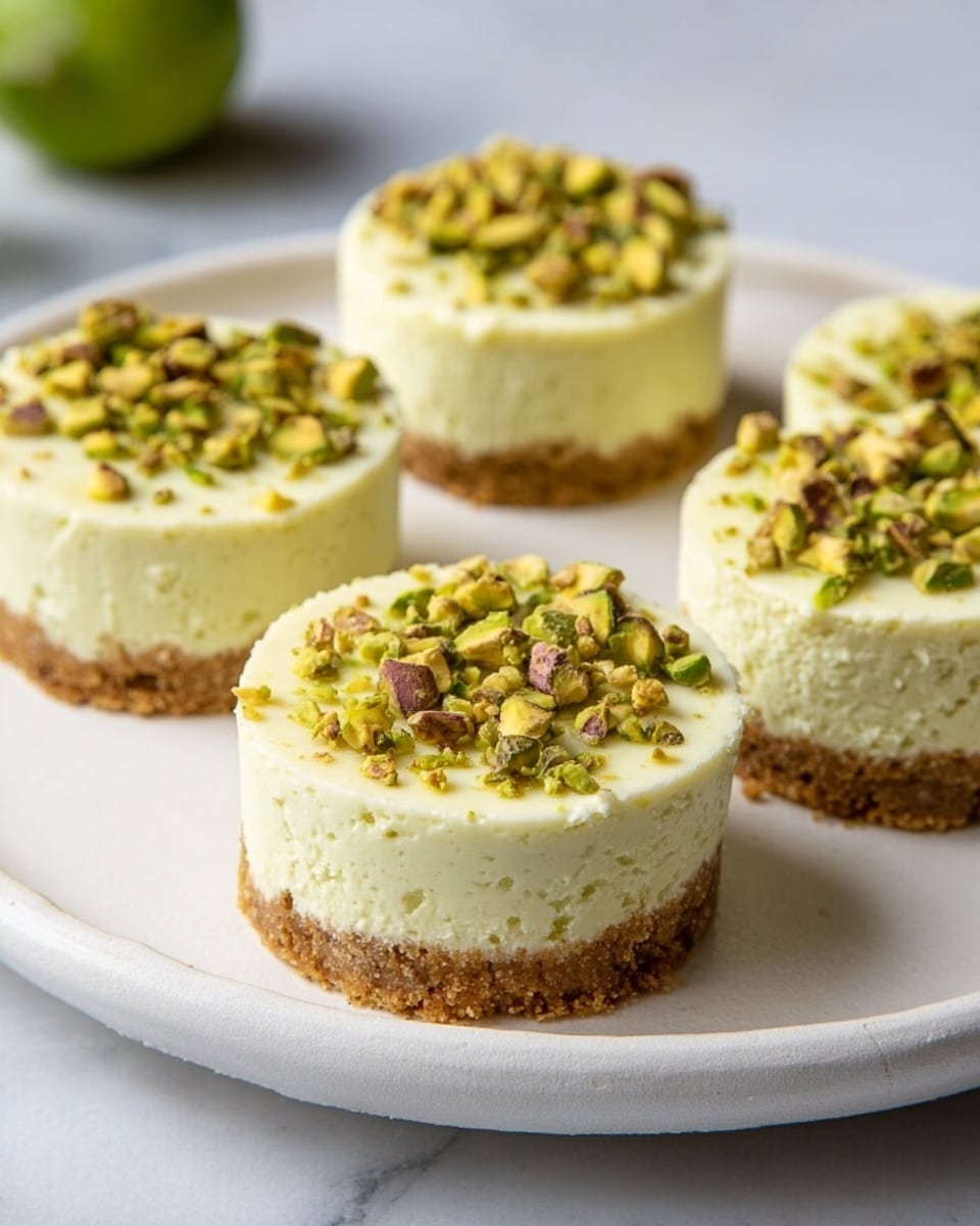The image shows small round cheesecakes with two layers. The bottom layer is a brown crumbly crust, while the top layer is creamy white cheesecake filling. Each cheesecake is topped with chopped green pistachios. One cheesecake sits alone on a clear textured glass plate with a silver fork beside it, placed on a white marbled surface. In the background, a white plate holds more cheesecakes arranged in a circle, all with the same layers and pistachio topping. Photo taken with an iphone --ar 4:5 --v 7