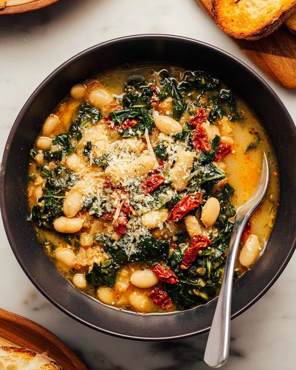 A close-up view of a warm dish made of white beans, dark green leafy kale, and small pieces of red tomatoes, all mixed in a light orange sauce with small bits of cooked onions, black pepper sprinkled on top, and a shiny silver spoon placed in the center scooping the mixture, all set against a white marbled background photo taken with an iphone --ar 4:5 --v 7