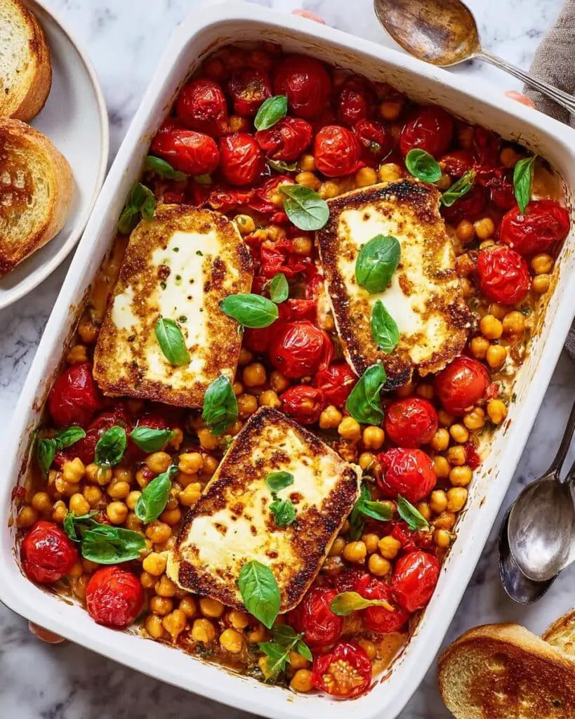 Baked Feta Chickpeas with Cherry Tomatoes and Toasted Bread Recipe