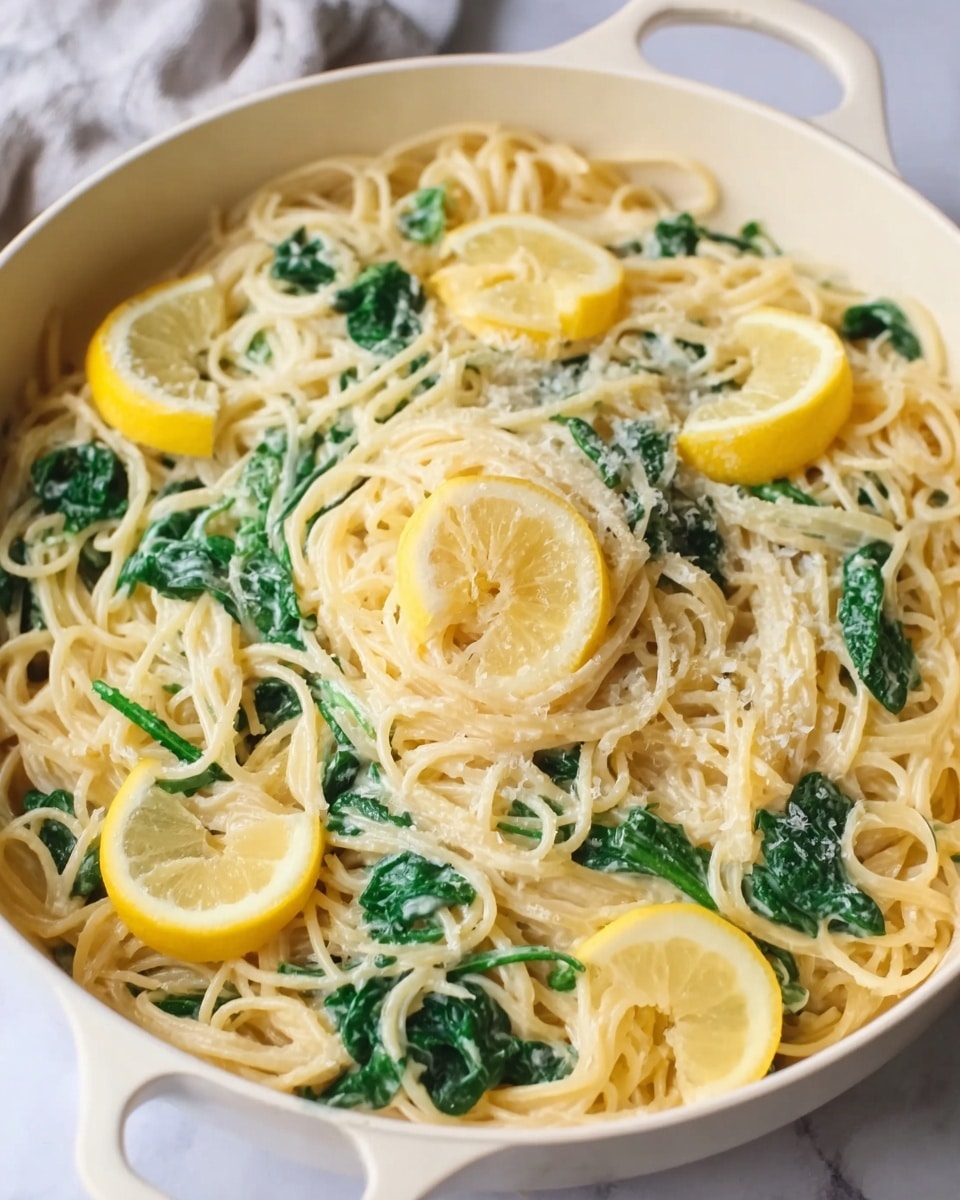 A white pan filled with a creamy pasta dish layered with long, thin spaghetti noodles that have a soft yellow color. Mixed in are bright green spinach leaves, slightly wilted and spread evenly throughout the noodles. On top, there are several thin lemon wedges placed around the edge, adding a fresh yellow pop of color. The creamy sauce coats the pasta, giving it a smooth and slightly shiny texture. The background is a white marbled surface. Photo taken with an iphone --ar 4:5 --v 7
