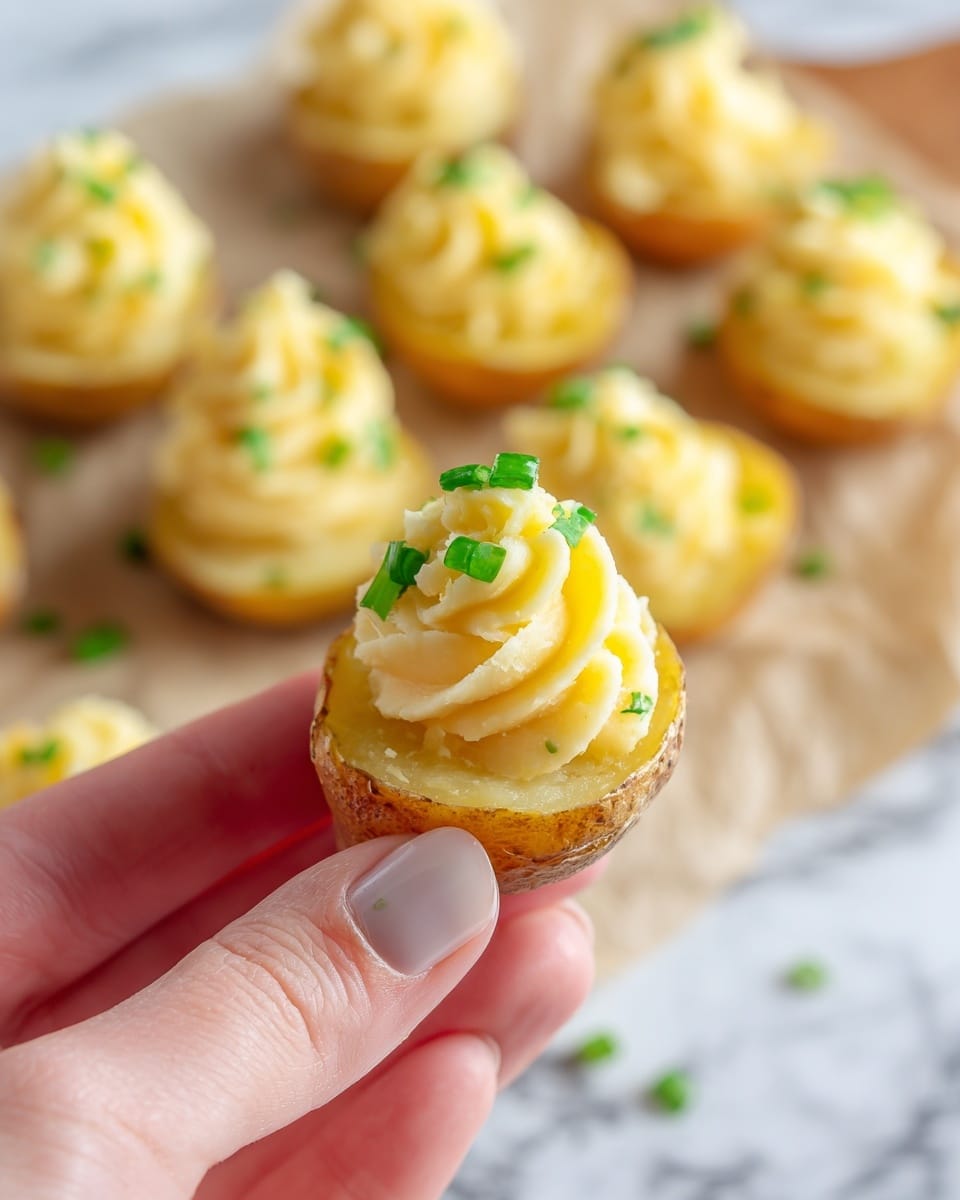 A woman's hand holds a small potato half with a smooth, light yellow interior and a thin brown skin. The top layer has a swirl of creamy mashed potato mixture with small green herb pieces mixed in, creating a soft, textured look. Tiny chopped green onions are sprinkled on top, adding a fresh pop of green color. In the background, more potato halves with the same layered topping are placed on parchment paper on a white marbled surface, slightly out of focus. photo taken with an iphone --ar 4:5 --v 7
