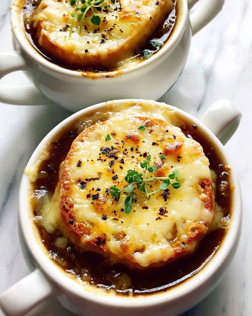 Two white cups filled with dark brown onion soup with visible small pieces of onion floating inside, each topped with one round toasted bread slice covered in melted golden-yellow cheese with some browned spots. The cheese layer is sprinkled with black pepper and small fresh green herb leaves. The cups are sitting on a white marbled surface. Photo taken with an iphone --ar 4:5 --v 7