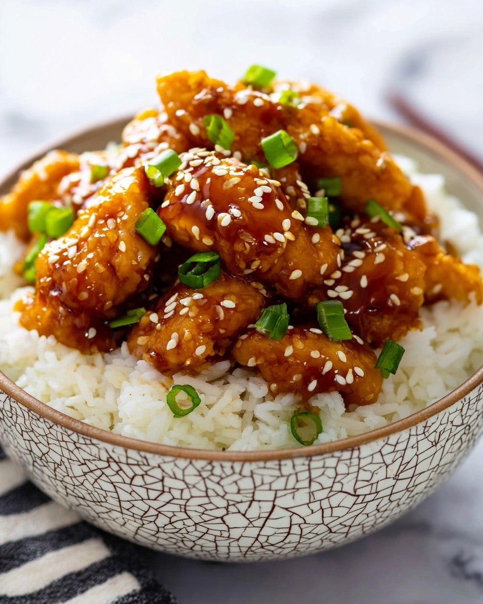 A white bowl with a cracked pattern is filled with a base layer of fluffy white rice. On top of the rice, there is a generous pile of glossy, golden-brown glazed chicken pieces, coated in a shiny sauce. The chicken is sprinkled evenly with white sesame seeds and small chopped green onion rings, adding texture and color contrast. The bowl sits on a white marbled surface with a striped cloth slightly visible on the side. photo taken with an iphone --ar 4:5 --v 7