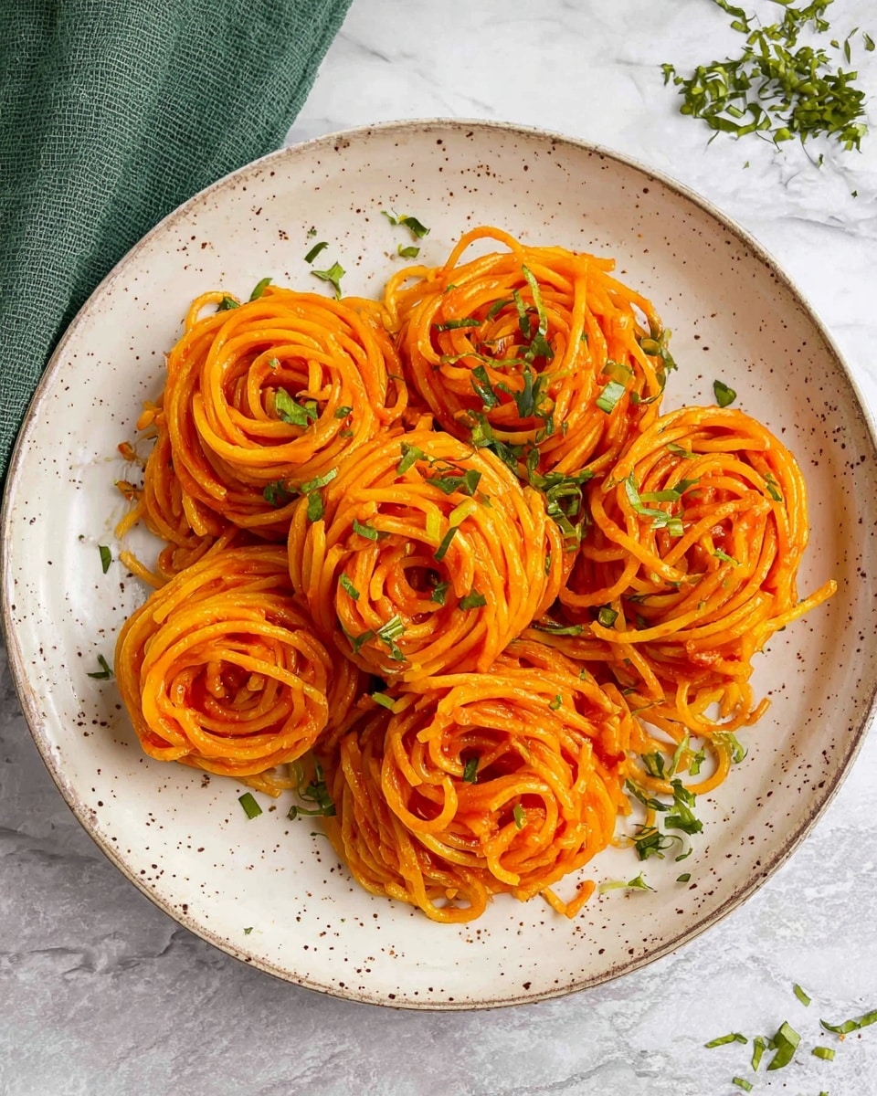 The dish shows eight round bundles of bright orange spaghetti, each perfectly twirled and placed closely on a white speckled plate. The spaghetti is coated evenly with a smooth tomato sauce, giving a shiny look. Small bits of chopped green herbs are sprinkled on top of and around the spaghetti, adding color contrast. The plate sits on a white marbled texture with some herb bits scattered around, and there is a green cloth partially visible in the upper left corner. The photo taken with an iphone --ar 4:5 --v 7