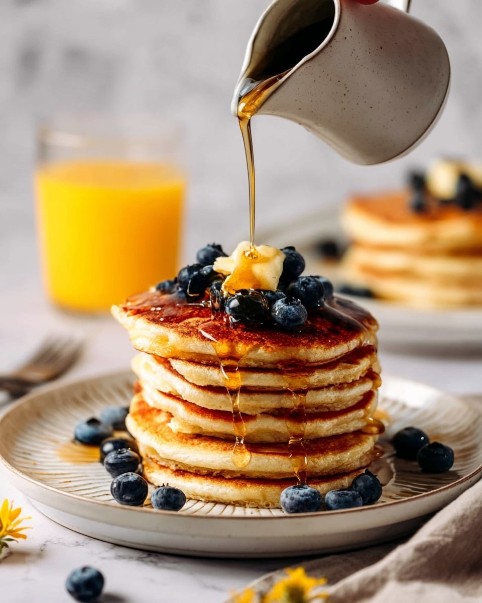 A stack of five golden brown pancakes sits in the center of a white plate, with syrup drizzling down the sides and pooling at the base. Fresh blueberries are scattered on and around the pancakes, with a small pat of melting butter on top and some fine yellow zest sprinkled over. In the background, there is a glass of orange juice and another plate with more pancakes, all set against a white marbled surface. photo taken with an iphone --ar 4:5 --v 7