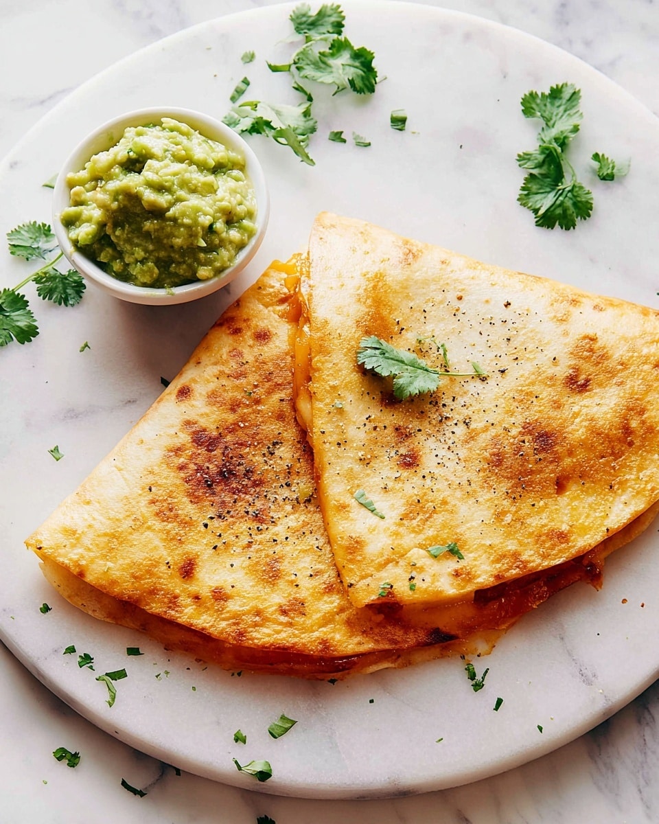 A toasted golden brown quesadilla is placed on a round white marble board, with one half slightly pulled away showing melted bright orange cheese stretching between the two halves. The quesadilla is sprinkled with black pepper and garnished with fresh green cilantro leaves on top. In the background, there is a white bowl filled with chunky green guacamole. The whole scene rests on a white marbled textured surface. photo taken with an iphone --ar 4:5 --v 7