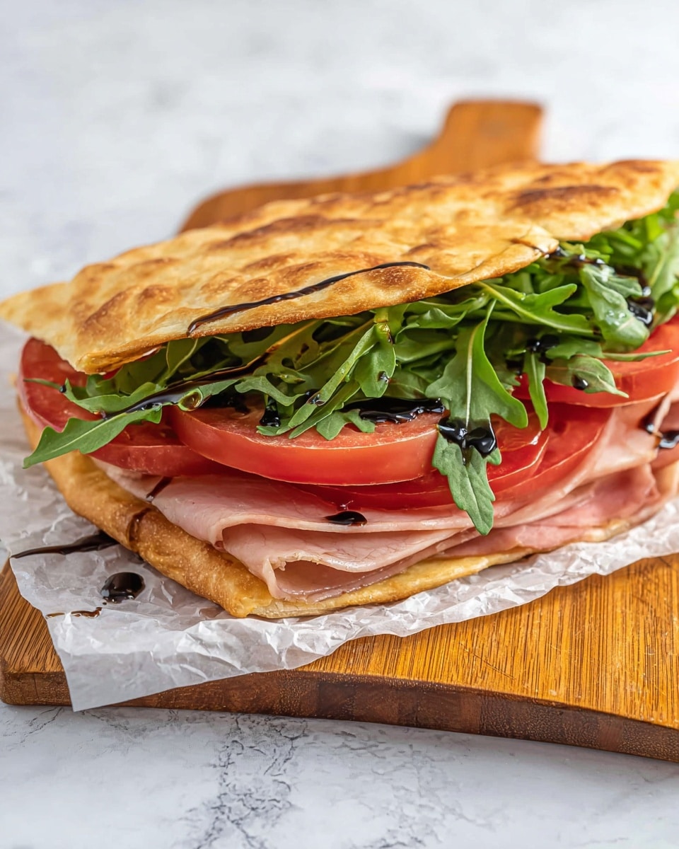 The image shows a folded sandwich with two layers of golden brown flatbread. Inside, there is a layer of thin light pink sliced meat at the bottom. Above the meat, there are bright red tomato slices, and on top of those, there is a pile of fresh dark green arugula leaves with a few drops of dark balsamic glaze drizzled over them. The sandwich rests on white parchment paper on a wooden board, and the background surface has a white marbled texture. photo taken with an iphone --ar 4:5 --v 7