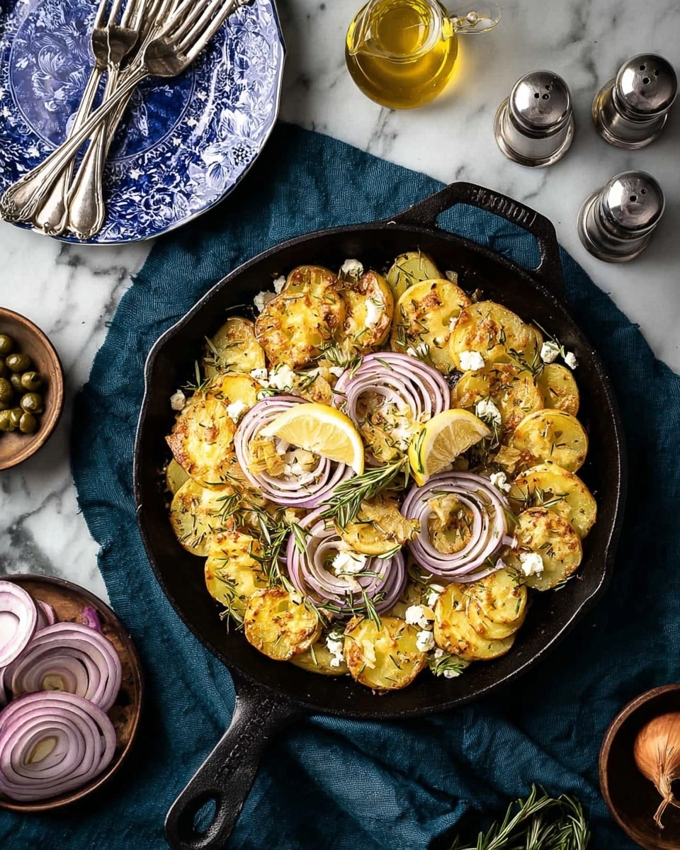 The dish shows smashed roasted potatoes with golden brown, crispy skins spread all over. There are thin purple onion rings scattered on top, along with small white chunks that look like soft cheese. Green rosemary sprigs are placed throughout, adding fresh color. Small round dark green capers are sprinkled on the dish. There are also small pieces of lightly toasted garlic and a wedge of roasted lemon with golden edges visible near the center. The background is a close-up view that fills the frame with these ingredients in a white marbled texture. photo taken with an iphone --ar 4:5 --v 7
