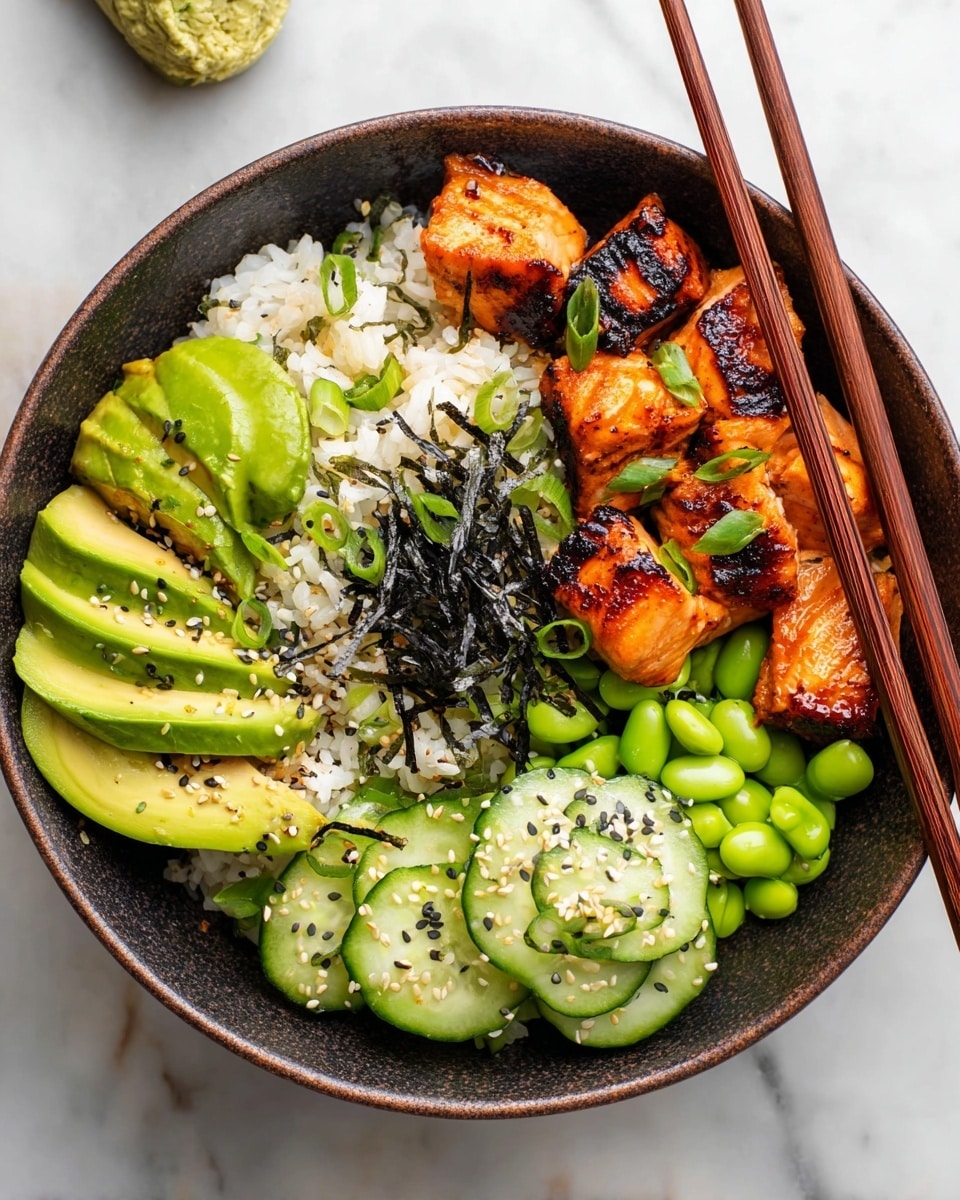 A bowl with four main layers: at the base is white rice sprinkled with green scallions and black and white sesame seeds, mixed with small dark seaweed strips. On one side, there are curved slices of bright green avocado topped with black and white sesame seeds. Next to the avocado are grilled chunks of salmon with a shiny, caramelized orange-brown surface and some grill marks, garnished with green scallions. On the opposite side, there are fresh green edamame beans and light green cucumber slices sprinkled with white sesame seeds. Two brown chopsticks rest on the edge of the bowl, and the bowl is placed on a white marbled surface photo taken with an iphone --ar 4:5 --v 7