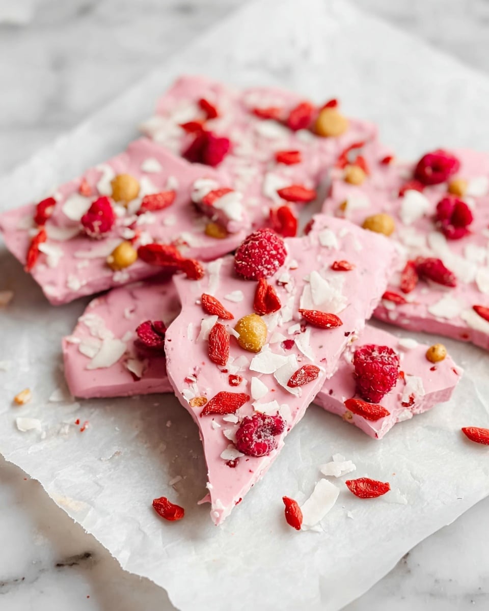 The image shows several pieces of pink frozen bark arranged on a sheet of white parchment paper placed on a white marbled surface. Each piece has a smooth, creamy pink layer as the base, topped with scattered red raspberries, small golden mulberries, bright red goji berries, and thin white coconut flakes, creating a colorful and textured look. The bark pieces vary in size and shape, with rough, uneven edges, giving a natural, rustic feel. Photo taken with an iphone --ar 4:5 --v 7