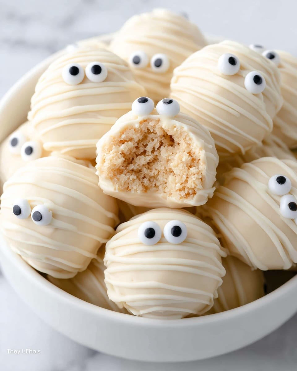 A white bowl filled with round treats that have an inner rough, crumbly light beige texture, covered by a smooth, thick white coating with wavy lines all over. Each treat has two white candy eyes with small black dots in the center, placed near the top. One treat is partly bitten, showing the crumbly inside and the white coating around it. The bowl sits on a white marbled surface. photo taken with an iphone --ar 4:5 --v 7