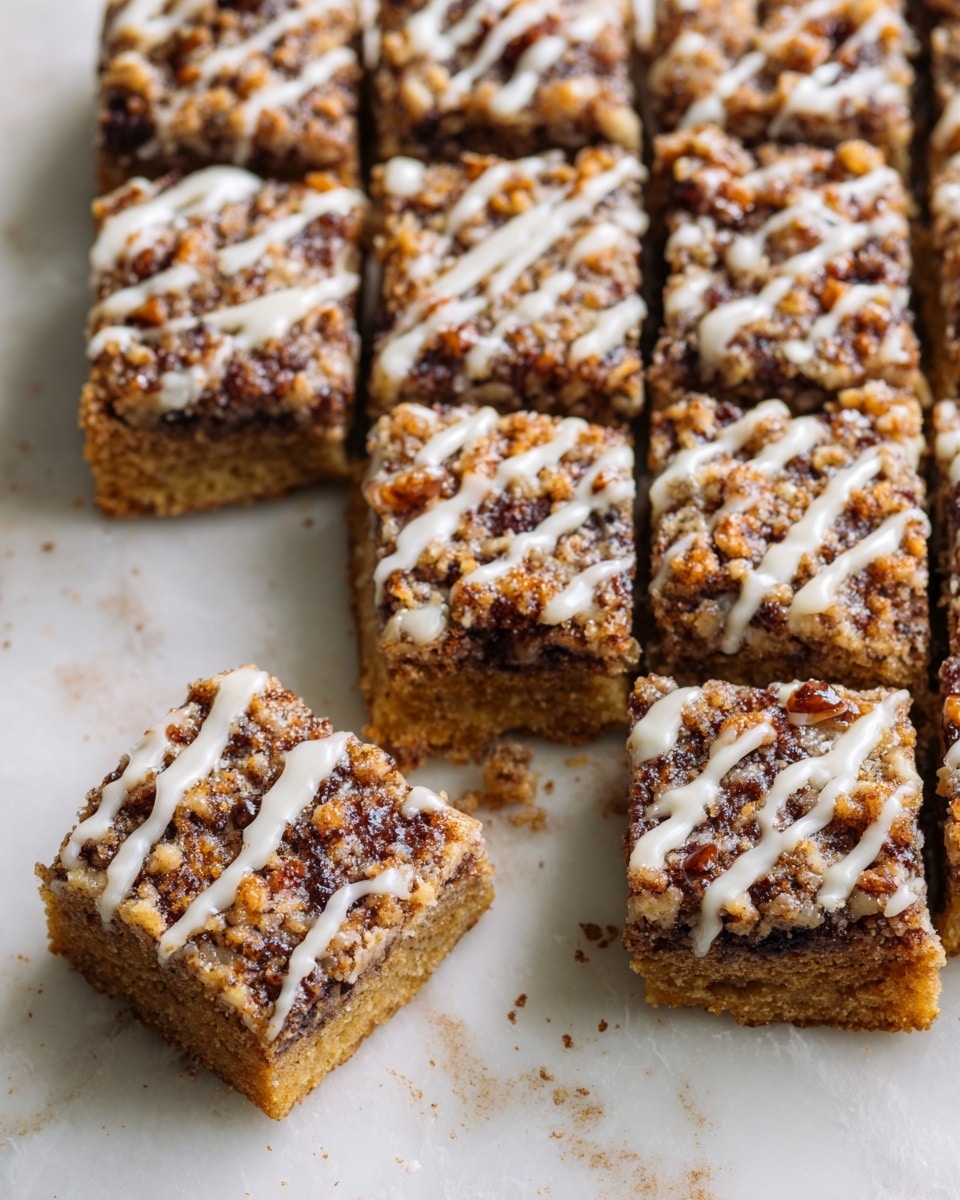 The image shows a batch of square-shaped bars arranged on a white marbled surface. Each bar has two visible layers: a light brown bottom cake layer and a topping made of dark brown crumbled nuts and cinnamon specks. Drizzled lightly across the top is a thin white glaze that adds contrast to the textured nut topping. One bar is slightly moved away from the group, showing the thickness and details clearly. Photo taken with an iphone --ar 4:5 --v 7