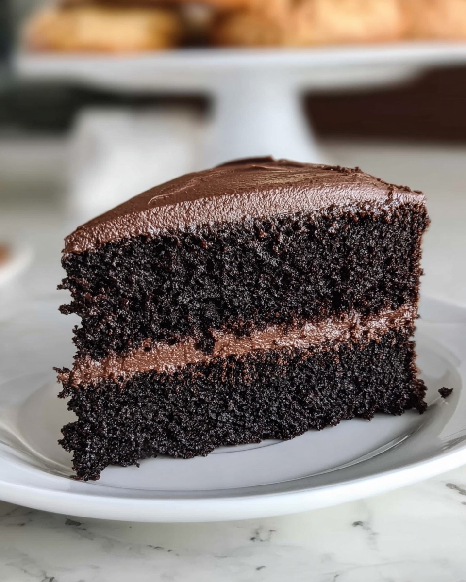 A slice of dark chocolate cake is shown on a white plate, placed on a white marbled surface. The cake has two thick layers of moist, dark chocolate sponge with a rich, smooth layer of chocolate frosting between them. The top of the cake is covered with an even, glossy chocolate frosting, which appears slightly textured but creamy. The background is softly blurred, showing some out-of-focus baked goods. Photo taken with an iphone --ar 4:5 --v 7