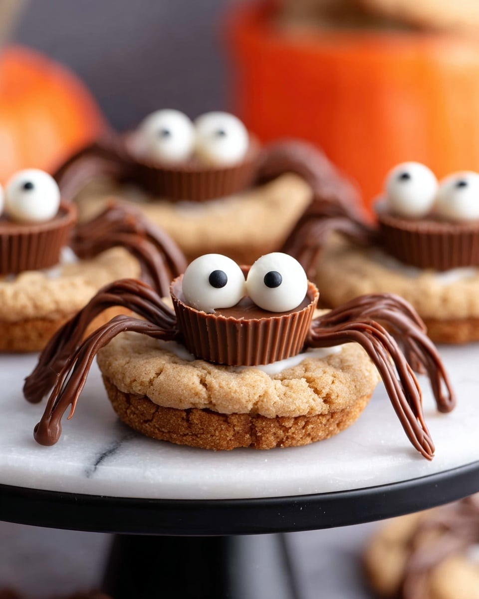 The image shows spider-shaped cookies on a black stand, placed on a white marbled surface. Each cookie has three layers: the bottom layer is a thick, round, light brown cookie; the middle layer is a small chocolate cup placed at the center; and the top layer consists of two white candy eyes with black centers sitting on the chocolate cup. Thin streams of melted chocolate create spider legs that extend from under the chocolate cup onto the cookie surface, making the spider shape. The background is softly blurred with hints of orange and gray tones. Photo taken with an iphone --ar 4:5 --v 7