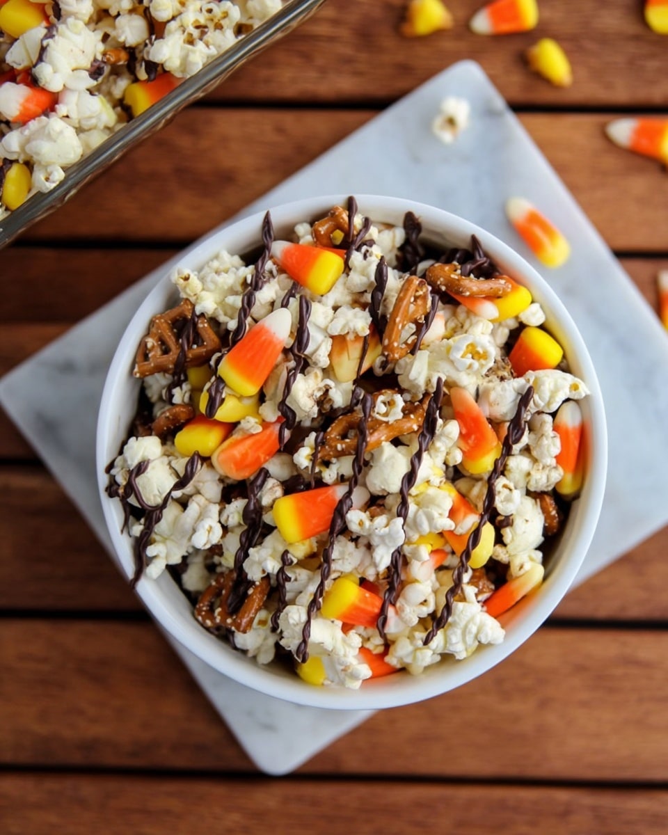 A white bowl filled with white popcorn mixed with orange, yellow, and white candy corn pieces scattered throughout. The popcorn is drizzled with thin lines of dark chocolate, creating a contrast on the light colors. There is also some visible brown pretzel sticks mixed in the bowl, adding a crunchy texture. The bowl is placed on a white marbled surface with a wooden texture background partially visible. Photo taken with an iphone --ar 4:5 --v 7