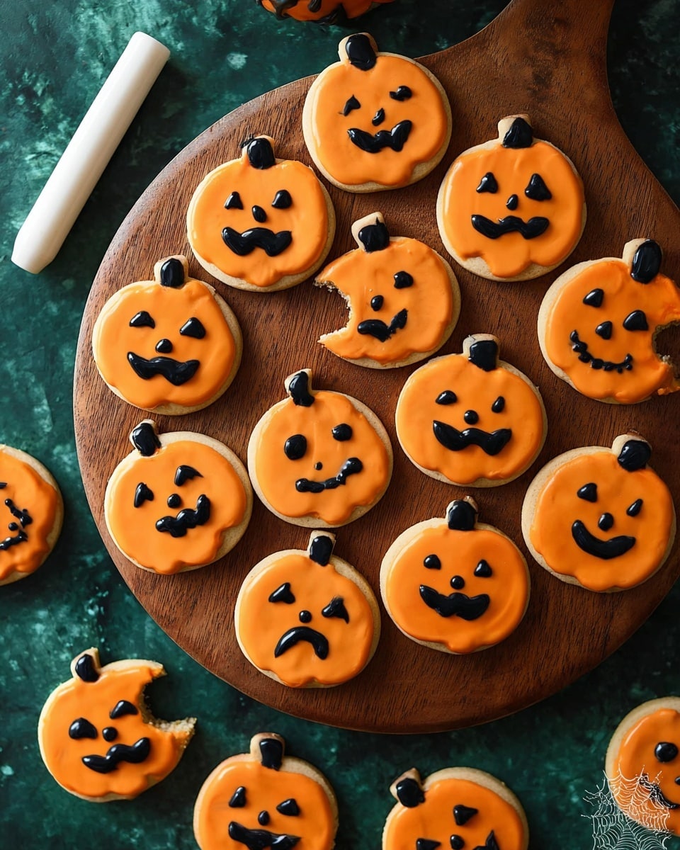The image shows many pumpkin-shaped cookies arranged on a round wooden board, all topped with smooth orange icing as the first layer covering the cookie surface. On top, there is a second layer of black icing used to create different pumpkin faces with eyes, noses, and mouths showing various expressions like happy, angry, and surprised. Most cookies have a flat orange base with shiny black details carefully placed near the center and upper parts. One cookie on the board has a bite taken out, showing the soft inside. Around the board, additional pumpkin cookies lie on a dark green surface, which is replaced by a white marbled texture. A white icing pen is also visible in the top left. photo taken with an iphone --ar 4:5 --v 7