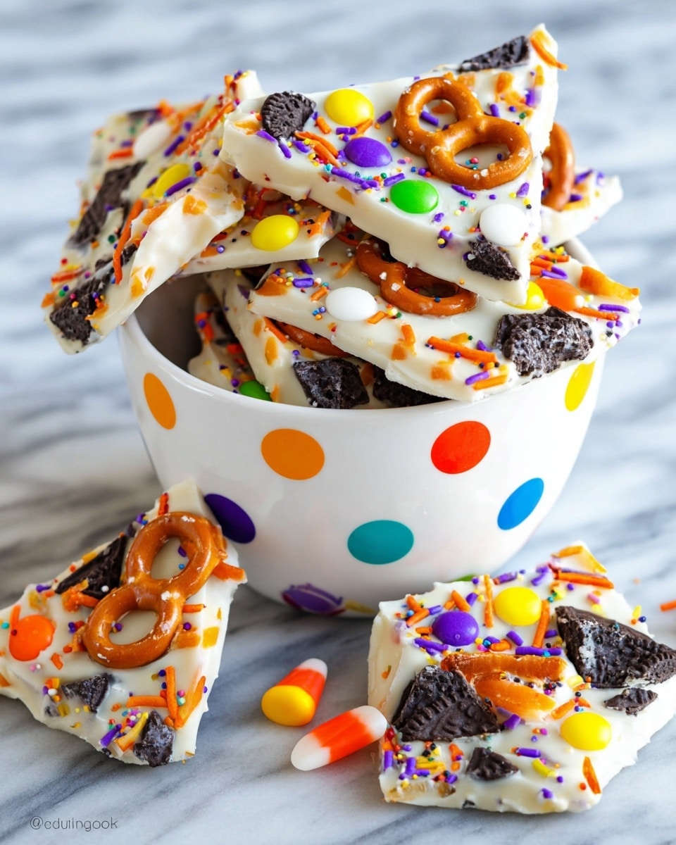 The image shows several pieces of white chocolate bark spread out and stacked in a white bowl with colorful polka dots. Each piece of bark has three main layers: a smooth white chocolate base, chunks of black and orange sandwich cookies, and small pretzels. The bark is topped with colorful round sprinkles and candy corn pieces, adding bright orange, yellow, purple, green, blue, and black dots. The bark pieces have rough edges and irregular shapes, placed on a white marbled surface with some pieces leaning against the bowl. photo taken with an iphone --ar 4:5 --v 7
