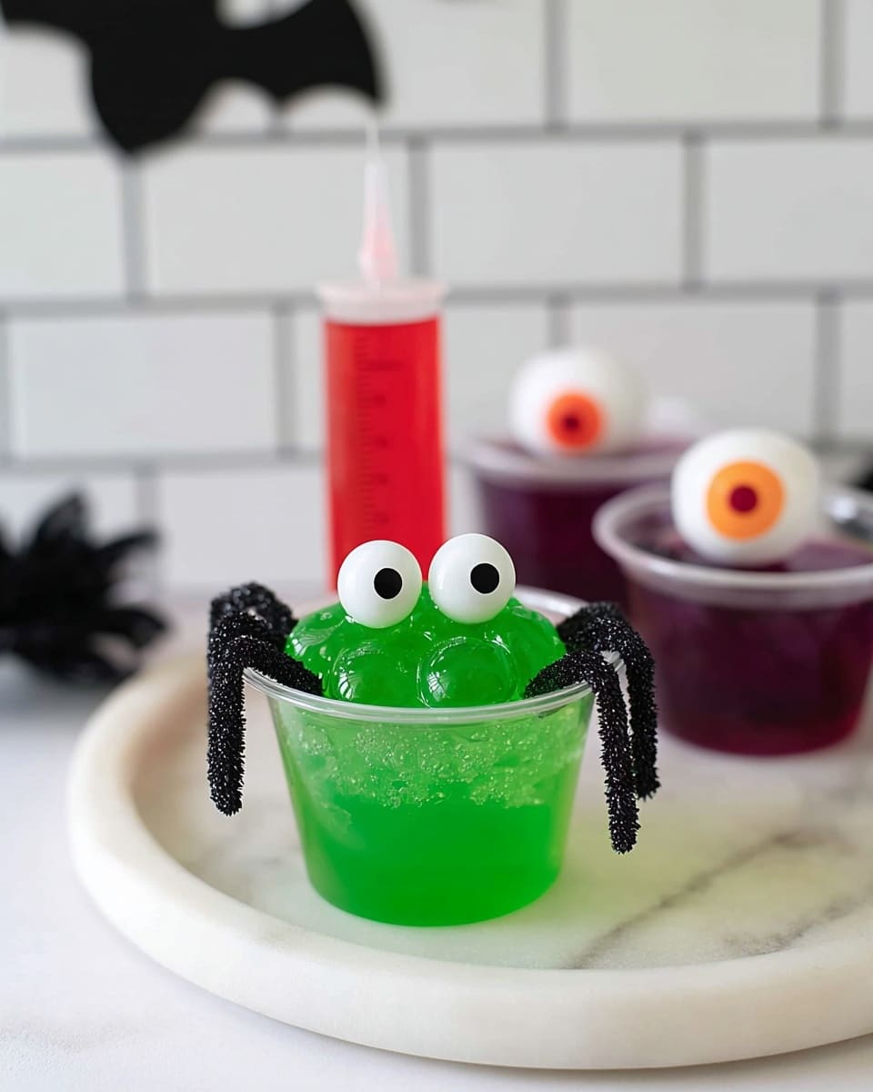 A clear cup filled with bright green jelly and green translucent spheres on top, designed to look like a monster with two white candy eyes that have black centers placed near the middle. Black glittery spider legs stick out from behind the cup, resting on a white round tray with a white marbled texture underneath. On the tray behind the monster jelly is a red syringe-like container filled with red jelly, lying horizontally. There are two clear cups of purple jelly also on the tray, each topped with a white fake eyeball with a red iris in one and an orange iris in the other. The background has white tiled walls with a black bat decoration on it. Photo taken with an iphone --ar 4:5 --v 7