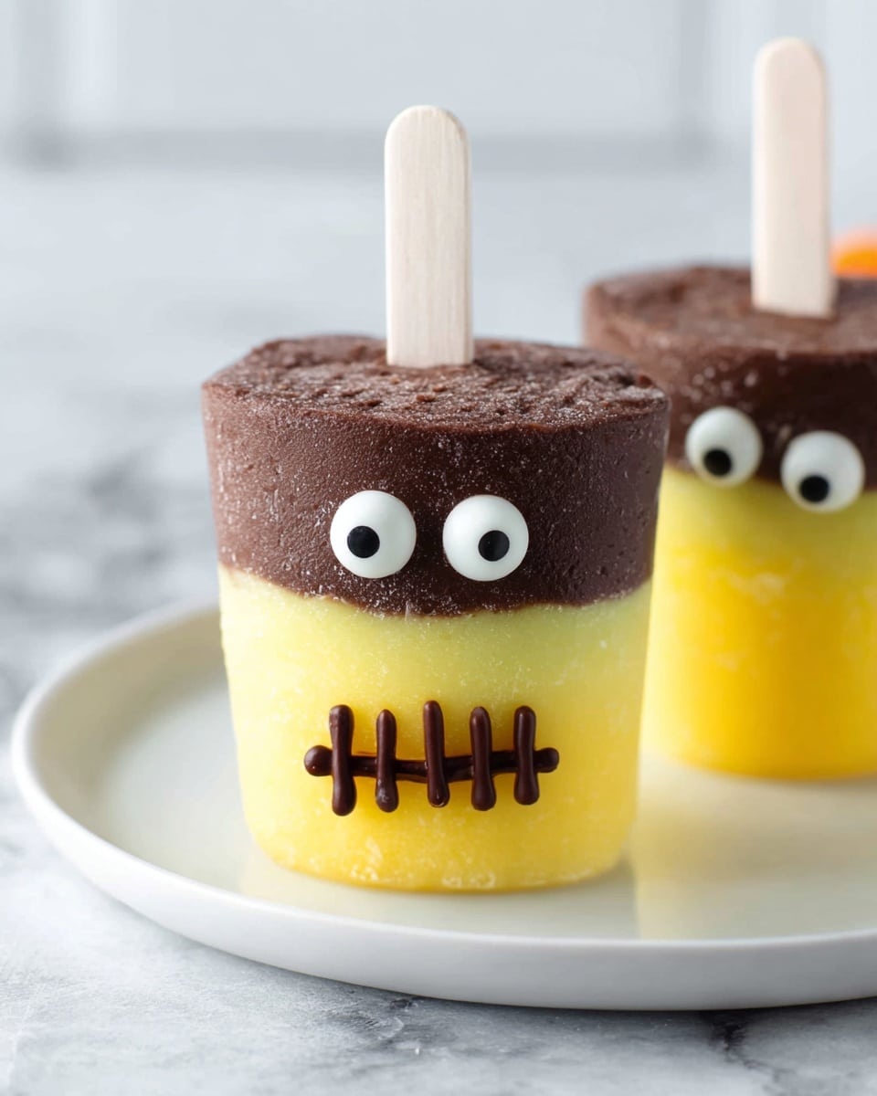 The image shows two small popsicles standing upright on a white plate with a white marbled texture surface. Each popsicle has two layers: the bottom layer is bright yellow and smooth, while the top layer is dark brown with a thick, creamy texture. A white stick comes out from the center of the top layer. One popsicle in the front is decorated to look like a Halloween character with two white edible eyes with black centers placed on the yellow layer and a brown chocolate line with vertical segments resembling a stitched mouth. Photo taken with an iphone --ar 4:5 --v 7