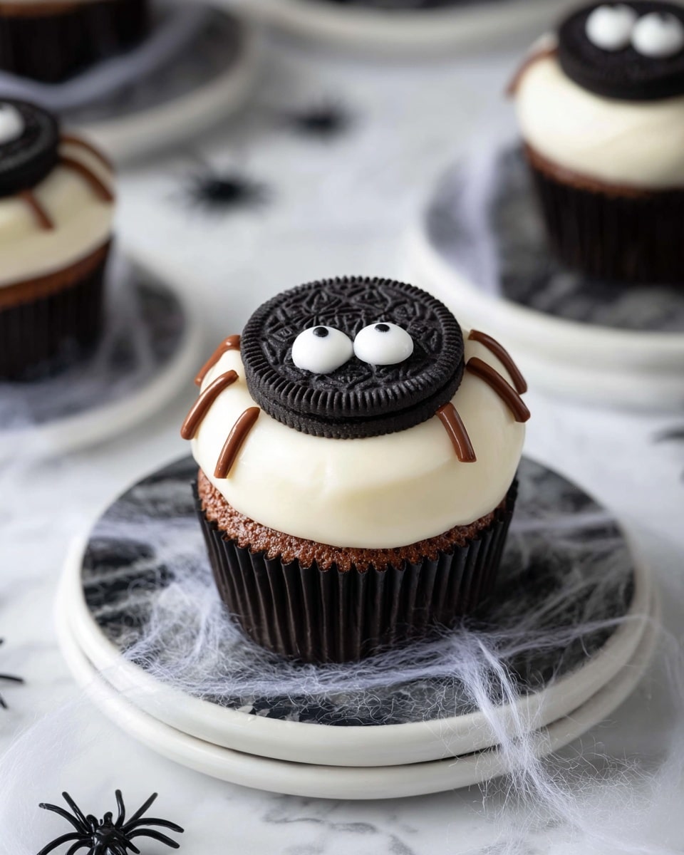 A single cupcake sits on a white plate with a dark marbled texture, layered with a brown cupcake wrapper, a smooth off-white frosting dome, and a black cookie on top. The cookie is decorated with two white candy eyes with black dots and chocolate lines radiating downward resembling spider legs. Around the plate, white web-like cotton and small black plastic spiders add a spooky touch on a white marbled surface. In the background, parts of similar cupcakes and black spider decorations are softly blurred. Photo taken with an iphone --ar 4:5 --v 7