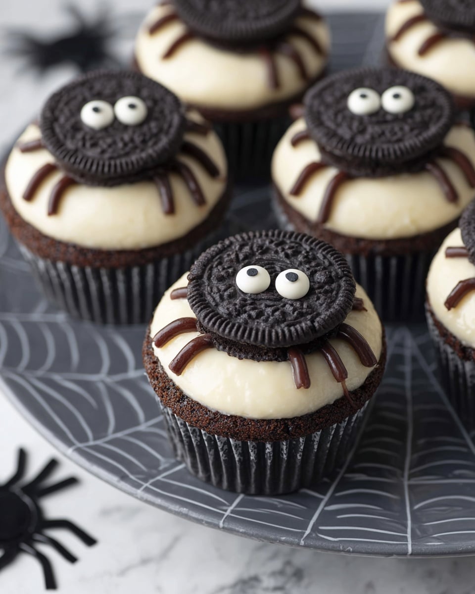 A group of three cupcakes is shown, each with one dark chocolate brown paper wrapper as the base layer. The middle layer is smooth, creamy white frosting covering the top of the cupcake fully. On top of this frosting is a flat, round, dark cookie placed in the center. Black lines of thin icing extend from under the cookie to the frosting edges, resembling spider legs. Two small white candy eyes with black dots are positioned on the cookie, creating a spider face look. The cupcakes are placed on a white marbled surface with small, plastic spiders scattered around. Photo taken with an iphone --ar 4:5 --v 7