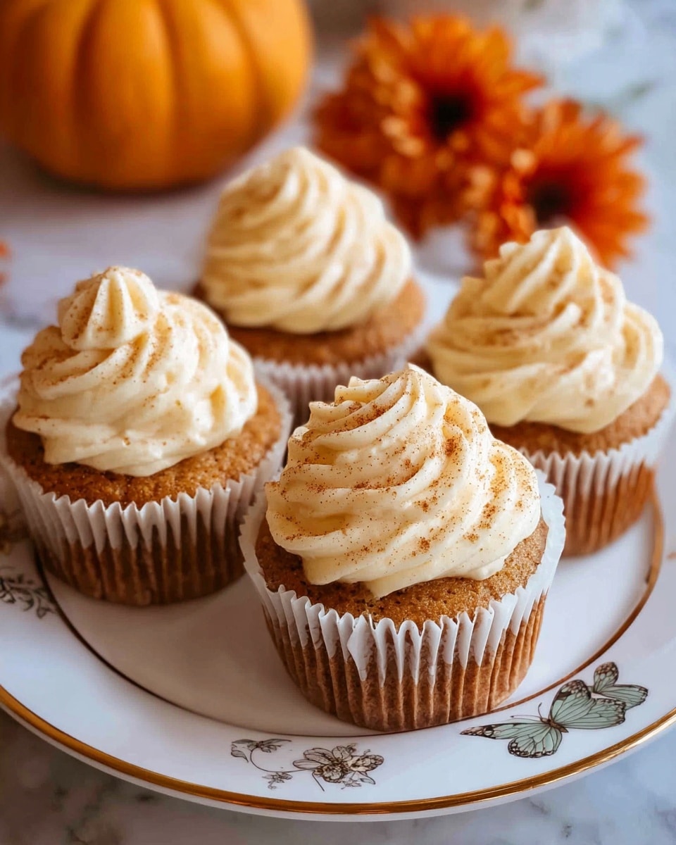Four cupcakes are placed close together on a white plate with a butterfly pattern and gold trim. Each cupcake has one layer of light brown cake wrapped in a white paper liner. On top is a thick swirl of cream-colored frosting sprinkled lightly with cinnamon powder. The background shows part of an orange pumpkin and two orange flowers on a white marbled surface. The overall look is soft and warm with soft lighting. photo taken with an iphone --ar 4:5 --v 7