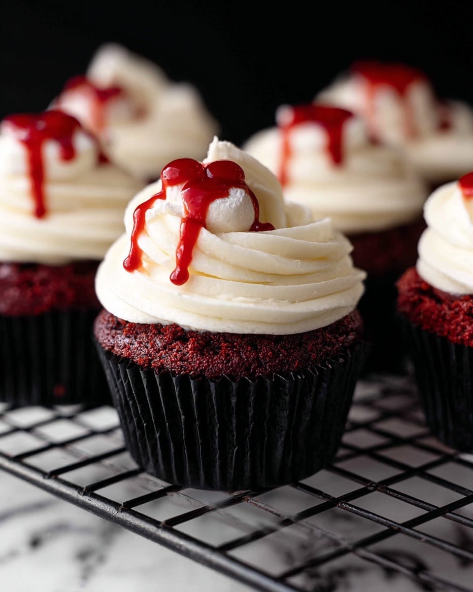 The image shows several red velvet cupcakes in black paper liners placed on a cooling rack. Each cupcake has a rich, dark red base topped with two thick layers of smooth white frosting swirled in a circular shape. On top of the frosting are small drops of bright red sauce that look like they are dripping down slightly. The background is black, and the surface beneath the rack has a white marbled texture. photo taken with an iphone --ar 4:5 --v 7