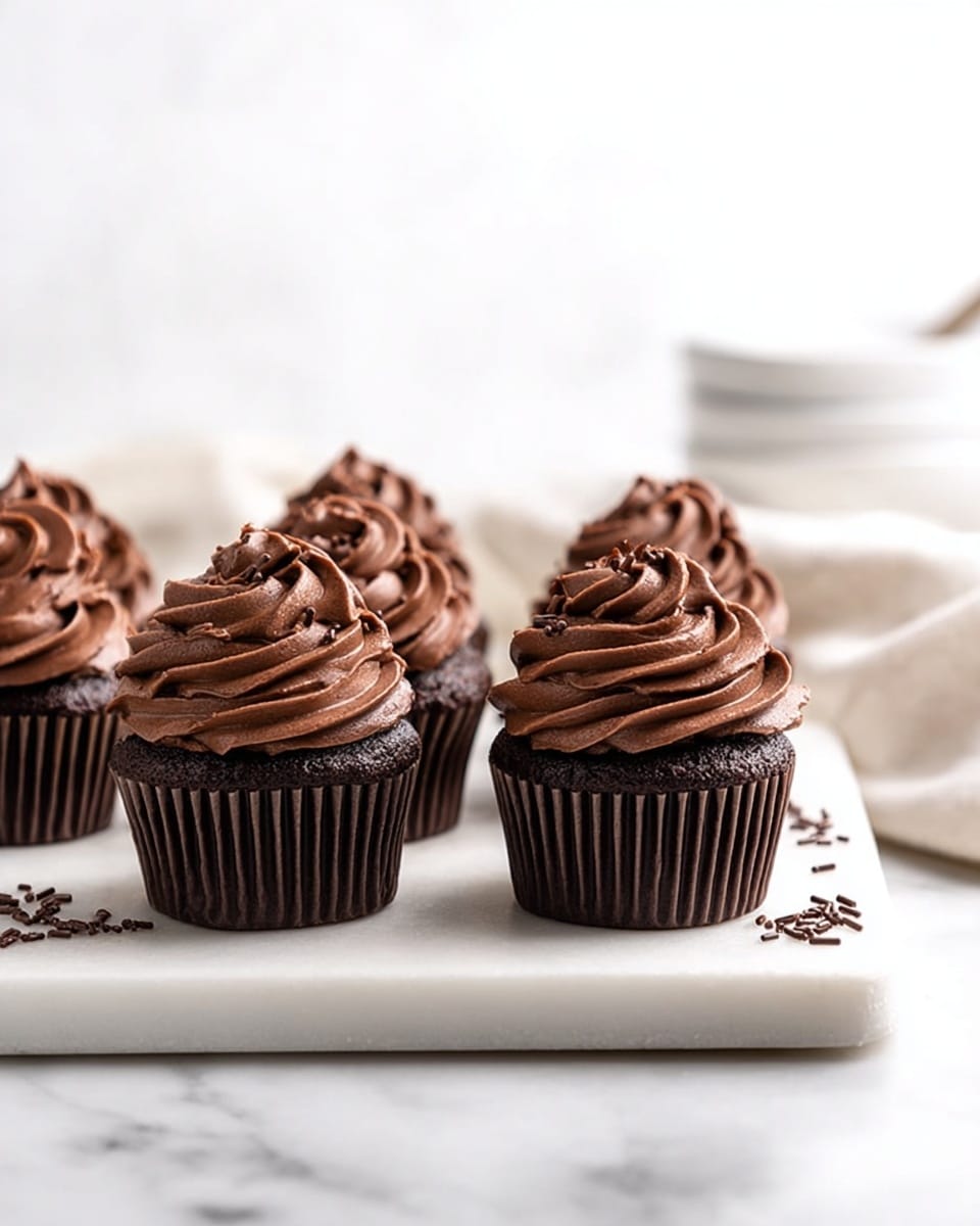 Four chocolate cupcakes with dark brown cake bases wrapped in ridged brown liners sit on a white marble board. Each cupcake is topped with a tall swirl of smooth, rich chocolate frosting with a slightly glossy texture, accented by small dark chocolate sprinkles scattered on and around the frosting. The background is a white marbled surface with blurred glasses of milk and a white bowl with chocolate sprinkles visible, adding a soft and clean feel. The lighting is bright and natural, highlighting the textures and colors of the cupcakes. Photo taken with an iphone --ar 4:5 --v 7