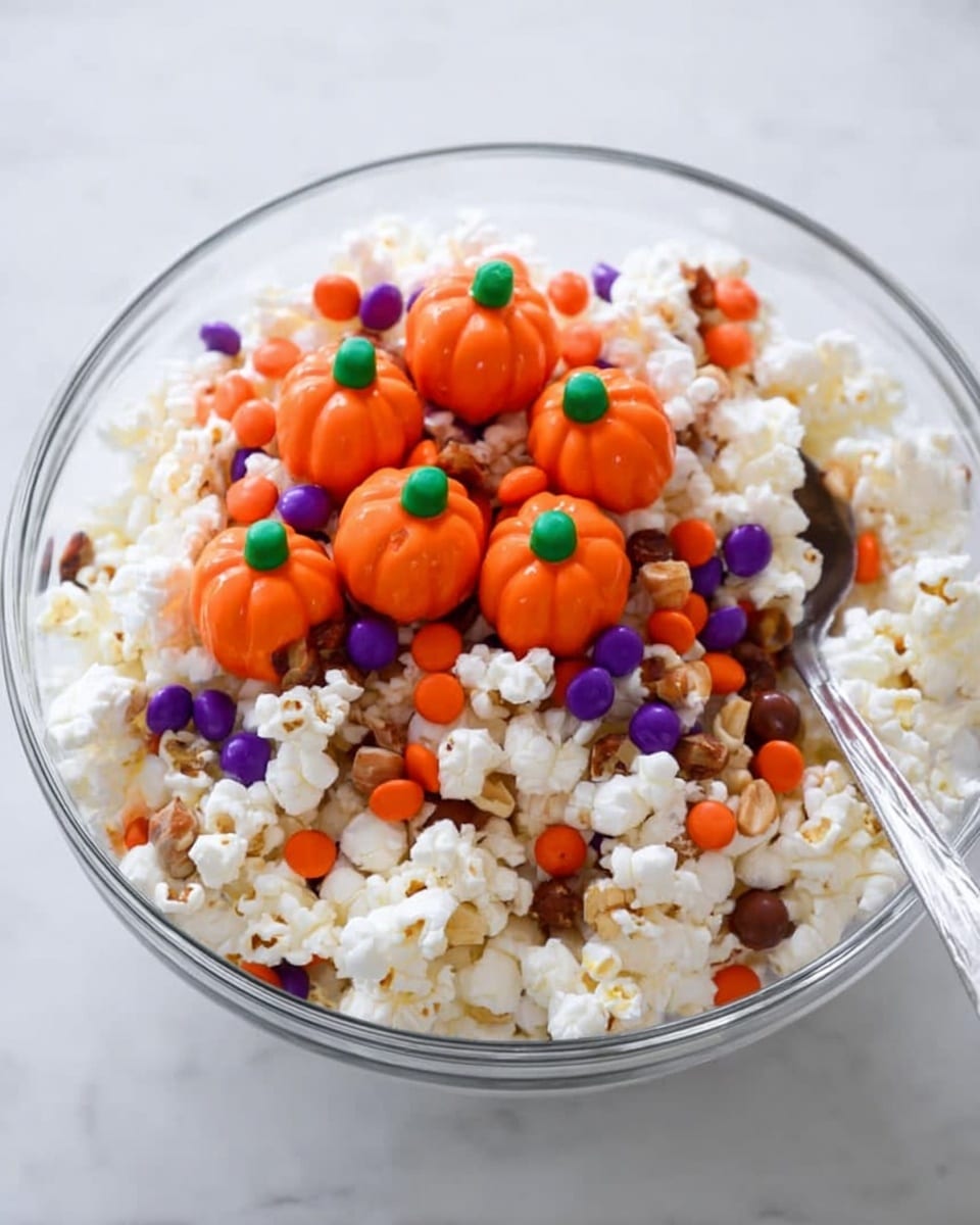 A clear glass bowl filled with white popcorn forms the base layer. On top of the popcorn, there is a mix of small round brown nuts and small round purple candies scattered evenly. The topmost layer consists of bright orange candy pumpkins with green stems, sitting in clusters mainly in the center and some around the edges. A silver spoon is partially inserted into the bowl on the right side. The bowl is placed on a white marbled surface. photo taken with an iphone --ar 4:5 --v 7