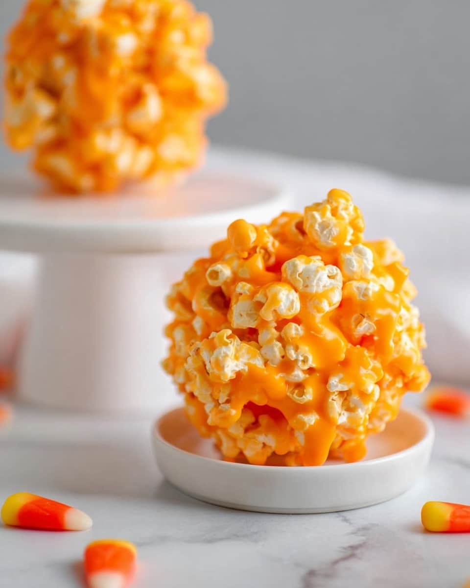 A close-up view of a round cluster of popcorn fully coated in bright orange cheese sauce, showing a bumpy texture with some white popcorn peeking through. The popcorn ball is placed in a small white dish with a smooth surface, sitting on a white marbled table. The background is blurred, with another similar popcorn ball on a tall white stand. Small pieces of bright orange candy corn are scattered softly around. Photo taken with an iphone --ar 4:5 --v 7