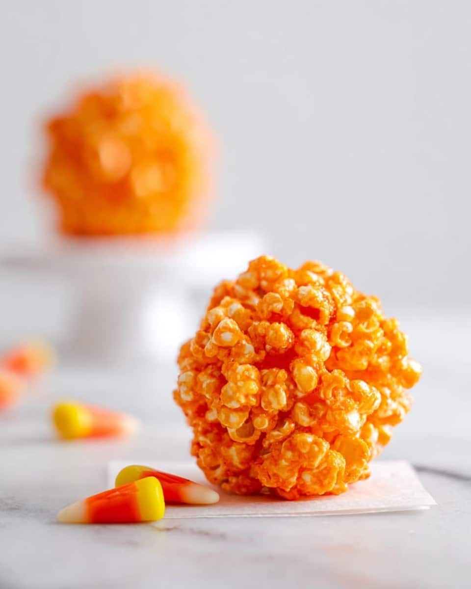 The image shows a close-up of a single orange popcorn ball resting on a small white paper strip, placed on a white marbled surface. The popcorn ball is tightly packed with shiny, bright orange-coated popcorn pieces, giving it a textured and bumpy look. There are two candy corn pieces lying nearby on the white marbled surface. In the blurred background, another orange popcorn ball is slightly out of focus on a white pedestal or stand. The overall scene is bright with soft lighting and a plain white background. photo taken with an iphone --ar 4:5 --v 7
