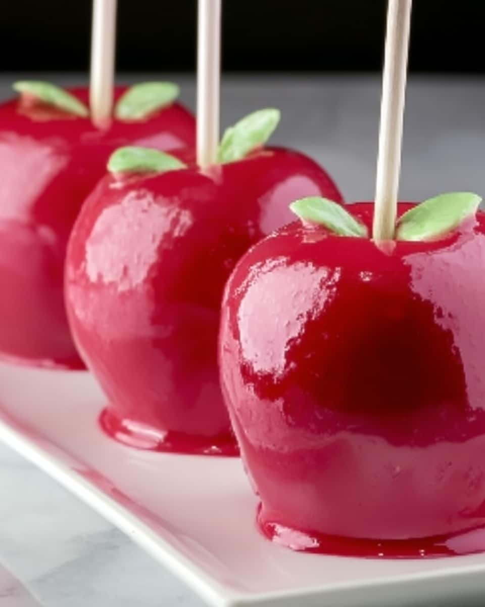 A close-up image of three shiny red candy apples on white sticks, arranged in a row on a white rectangular plate. Each apple is coated with a smooth, glossy red candy layer that reflects light, and the top part of the apples shows small green leaves just below the sticks. The background is a white marbled surface, giving a clean and bright look to the scene. The candy coating is thick and even, covering the apples completely with no gaps. photo taken with an iphone --ar 4:5 --v 7