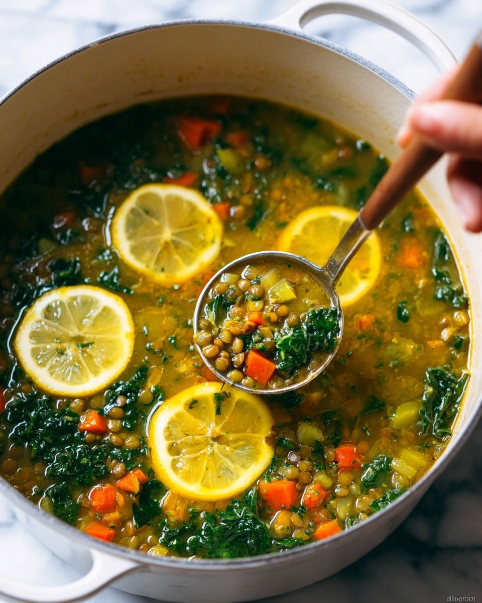 The image shows a white deep pot filled with lentil soup, featuring several colorful layers. At the bottom is a vibrant green layer of kale pieces, mixed with small orange carrot cubes and light green lentils floating in a golden-yellow broth. Bright yellow lemon slices float on the top surface, adding contrast. A spoon is partially dipped into the soup, held by a woman's hand, stirring the contents gently. The background is a white marbled surface. photo taken with an iphone --ar 4:5 --v 7