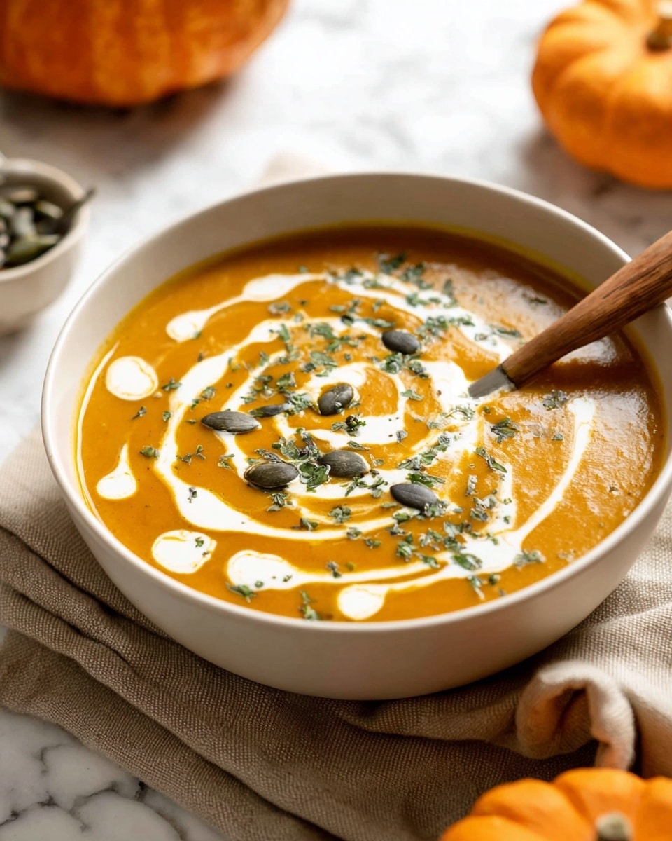 A white bowl filled with smooth orange pumpkin soup topped with swirls and dots of white cream, sprinkled with green herbs and dark pumpkin seeds scattered on top. A wooden spoon rests inside the bowl near the front. The bowl sits on a beige cloth on a white marbled surface with small pumpkins blurred in the background. The overall look is warm and cozy. photo taken with an iphone --ar 4:5 --v 7