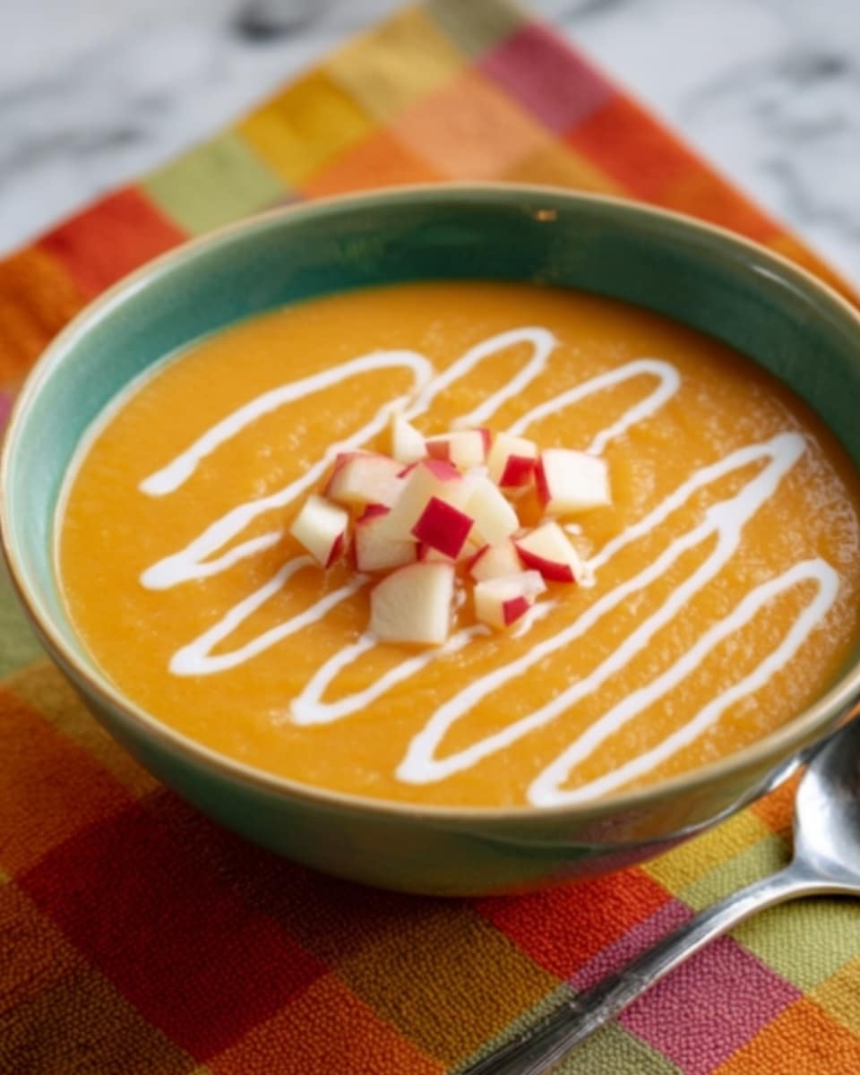 A green bowl filled with smooth orange soup, topped with small cubes of apple and creamy white streaks drizzled across the surface. The bowl is placed on a white plate with a colorful striped cloth napkin underneath. A spoon is resting on the plate next to the bowl. All of this is set on a white marbled texture background. photo taken with an iphone --ar 4:5 --v 7