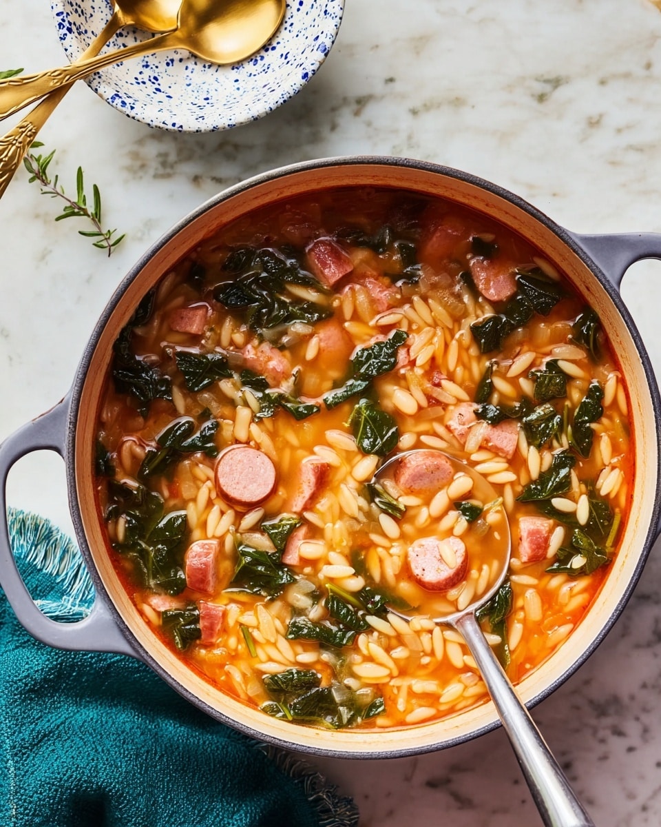A large round grey enamel pot contains a thick soup with several layers: the base is a reddish-orange broth, filled with small white beans and orzo pasta slightly translucent and soft; scattered throughout are small pink cubes of cooked sausage, and large dark green leafy vegetable pieces that look tender but not wilted; a silver spoon is partially submerged in the soup with its handle resting on the pot's edge. The pot sits on a white marbled surface with a teal cloth nearby, and in the upper left corner, a white bowl with blue speckles and a golden spoon rests out of focus. Photo taken with an iphone --ar 4:5 --v 7