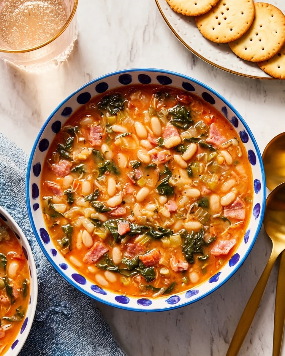 A white bowl with blue dots around the edge holds a thick soup with layers of small white beans, chopped green leafy vegetables, and diced pink pieces that look like ham, all mixed in a rich orange tomato broth. The texture looks chunky with the beans and vegetables well seen in the thick soup. The bowl sits on a white marbled surface next to two golden spoons on the right and a plate with round golden crackers on the left. A clear glass with a light-colored drink is also visible in the back left corner. photo taken with an iphone --ar 4:5 --v 7