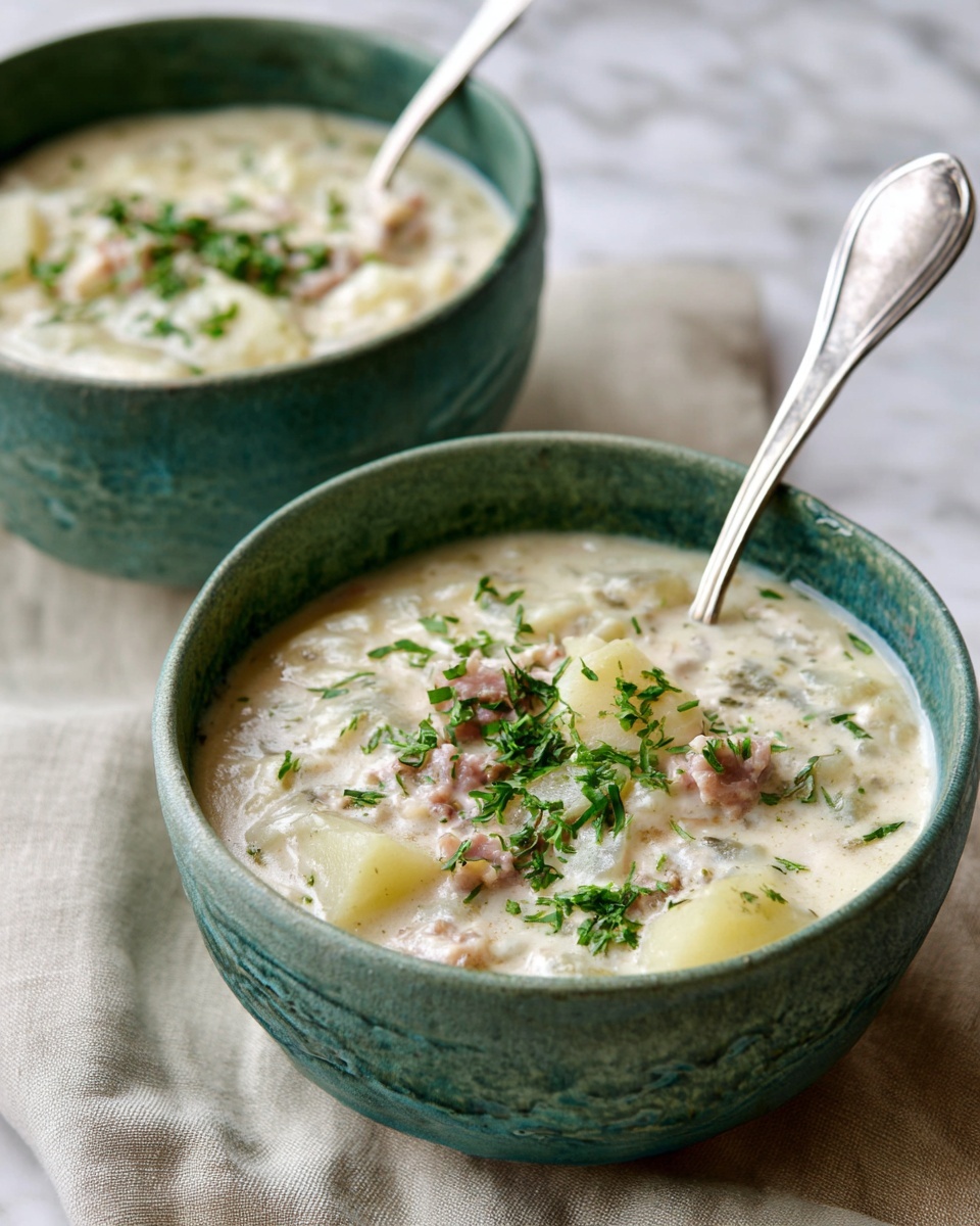Two green textured bowls filled with thick creamy soup containing chunks of light beige potatoes and darker small pieces of meat, topped with finely chopped bright green herbs. A large silver spoon rests in each bowl, one bowl closer to the front and more detailed, the other slightly blurred in the background. Both bowls are placed on a beige cloth over a white marbled surface. Photo taken with an iphone --ar 4:5 --v 7