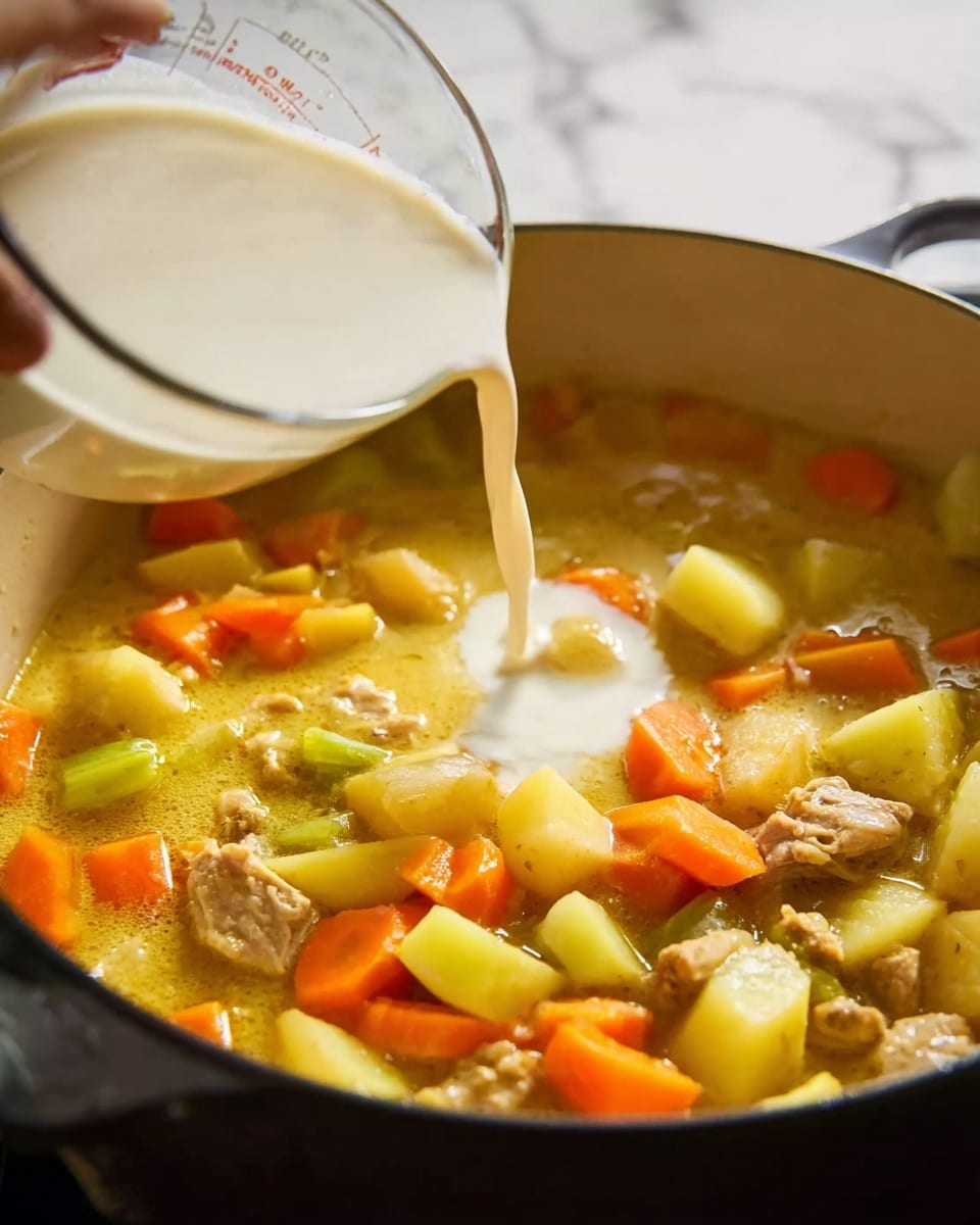 A close-up view of a large pot filled with a stew that has several layers: chunks of orange carrots, green and yellow potatoes, and small pieces of light-colored meat floating in a thick, golden-yellow broth. Above the stew, a woman's hand is pouring a creamy white liquid from a measuring cup into the center of the pot, adding a lighter layer on top of the stew. The background shows a white marbled kitchen surface. photo taken with an iphone --ar 4:5 --v 7