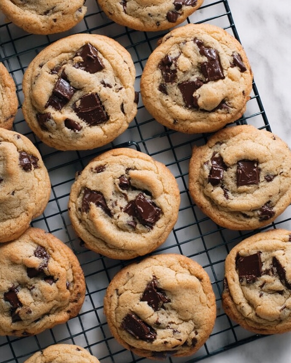 A close-up top view of a metal cooling rack filled with many round, golden-brown chocolate chip cookies. The cookies have slightly cracked surfaces with large, dark chocolate chunks melted into the dough in uneven patches. The rack is placed on a white marbled surface, making the warm tones of the cookies stand out clearly. The cookies are all similarly sized with soft texture visible around the edges. photo taken with an iphone --ar 4:5 --v 7