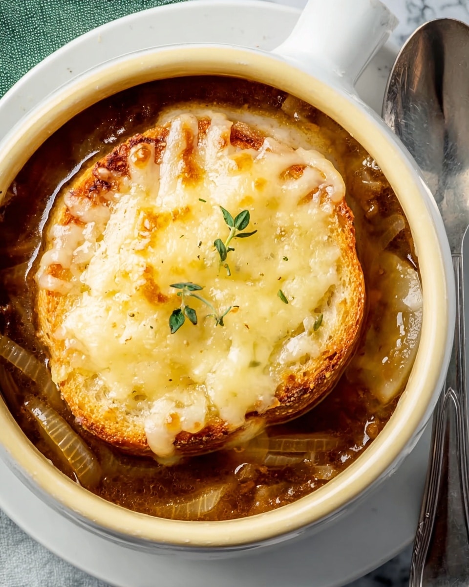 A white bowl filled with dark brown onion soup, showing visible soft cooked onions in the broth. On top floats a round piece of toasted bread covered with a thick layer of melted pale yellow cheese that looks smooth and slightly bubbly. Small green herb leaves are placed on the cheese and around it, adding a fresh touch. The bowl sits on a white plate with a dark green napkin underneath, all set on a white marbled surface. Photo taken with an iphone --ar 4:5 --v 7
