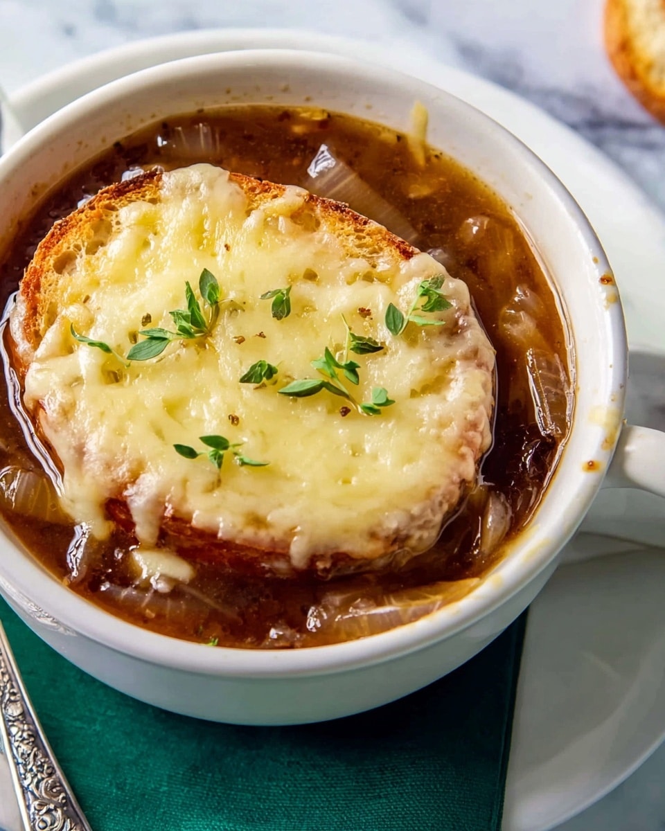 A white bowl filled with brown onion soup that has visible cooked onions and a few small green herb leaves floating on top. On the soup lies a round toasted bread layer covered with melted pale yellow cheese that looks soft and slightly browned in some places. The bowl sits on a white marbled surface, and a silver spoon is placed next to it on the right side. photo taken with an iphone --ar 4:5 --v 7