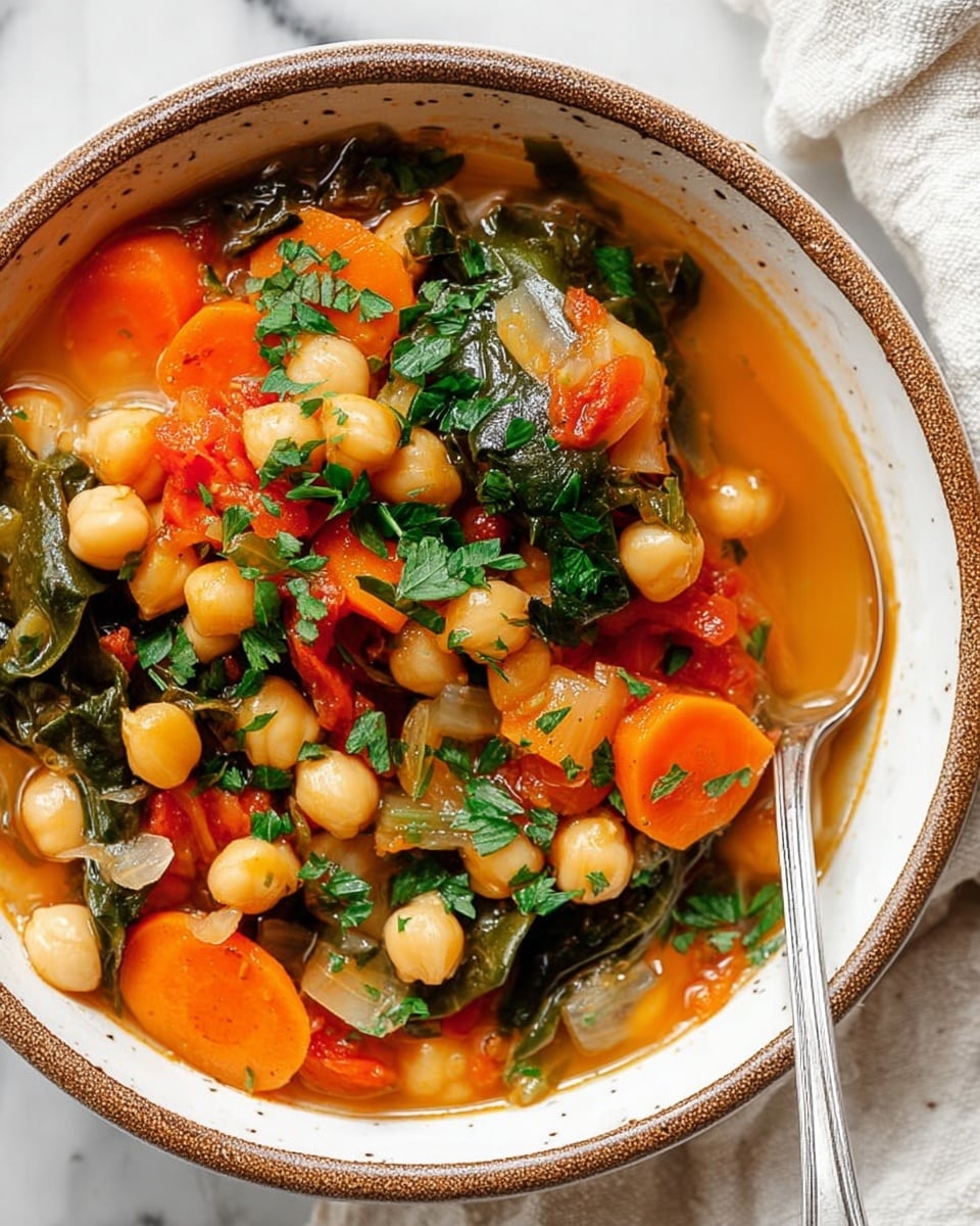 A close-up of a bowl filled with a chickpea soup showing several layers: at the bottom is a light orange broth with a slight shine, above it are round, pale yellow chickpeas, bright orange carrot slices, green leafy spinach, light translucent onion chunks, small pieces of diced red tomatoes, and garnished with fresh chopped parsley scattered on top. The bowl is white with a speckled brown rim, and a silver spoon rests inside on the right. The bowl is placed on a white marbled surface with part of a soft white cloth visible on the top right corner photo taken with an iphone --ar 4:5 --v 7