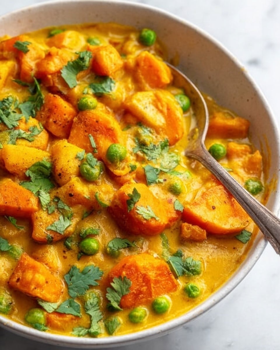 A close-up view of a bowl filled with a yellow-orange creamy curry layered with chunks of orange sweet potato and green peas. The curry looks smooth with a slight shine, and fresh green cilantro leaves are scattered on top for decoration. A silver spoon is dipped in the bowl, partially covered by the curry. The bowl is white, placed on a white marbled surface. The texture of the curry is thick but soft, with the sweet potato pieces showing some edges and the peas round and whole. photo taken with an iphone --ar 4:5 --v 7
