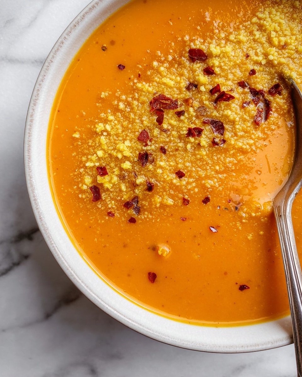 A close-up view of a white bowl filled with smooth, thick orange soup covered with a sprinkling of yellow crumbs and small red chili flakes on top, with a silver spoon partially submerged in the soup on the right side of the bowl, all set on a white marbled surface photo taken with an iphone --ar 4:5 --v 7